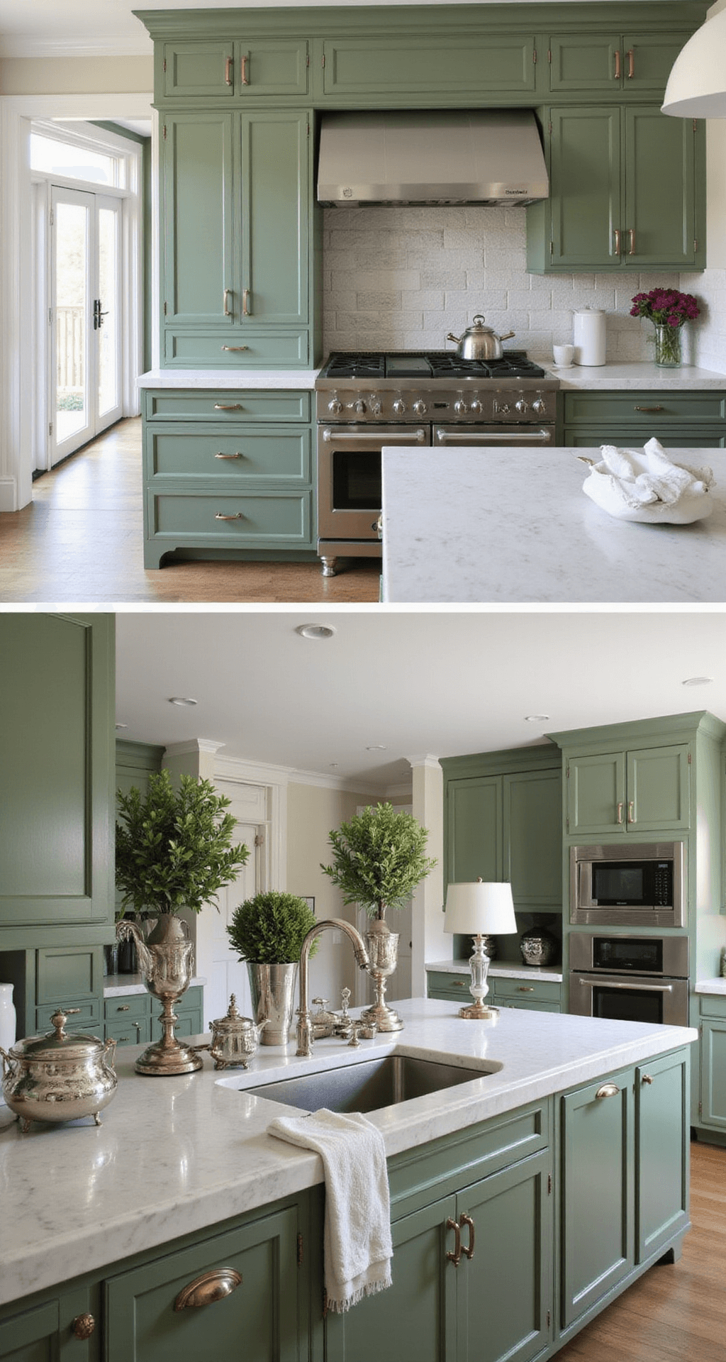 Sophisticated 15x17ft kitchen featuring hunter green raised-panel cabinets, honed marble countertops, traditional bridge faucet, and polished nickel hardware, styled with silver tea service and white ironstone, illuminated by soft natural and accent lighting.