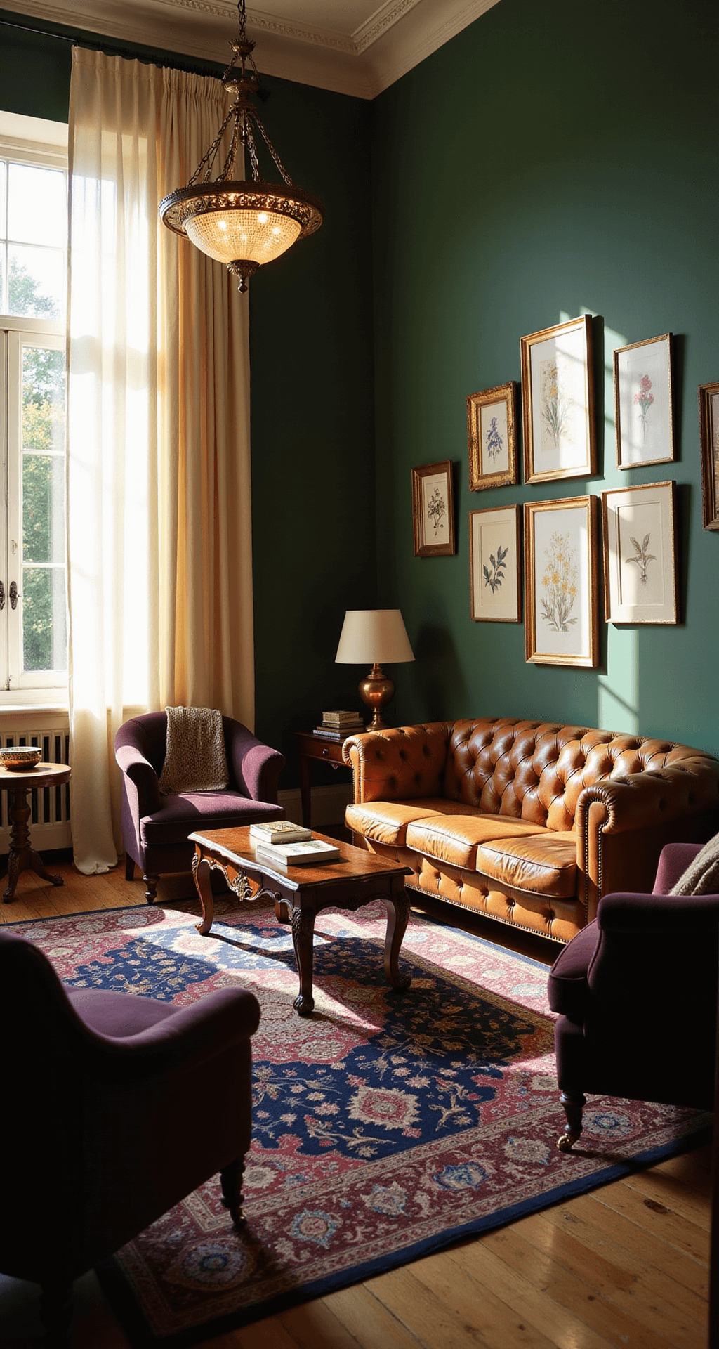 A cozy, vintage-style living room with forest green walls, a cognac Chesterfield sofa, Persian rug, and floor-to-ceiling cream curtains lit by golden hour sunlight.