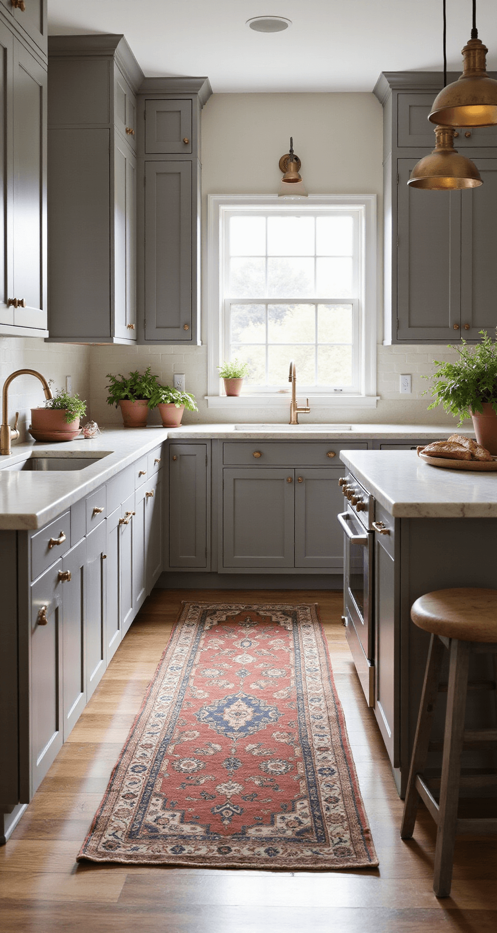 A spacious kitchen with taupe shaker-style cabinets, creamy Calacatta marble countertops, and a vintage Persian runner, illuminated by soft morning light from east-facing windows. The scene features a central island with staggered pendant lights, fresh herbs in terracotta pots, and a wooden bread board, creating a warm and inviting modern farmhouse atmosphere.