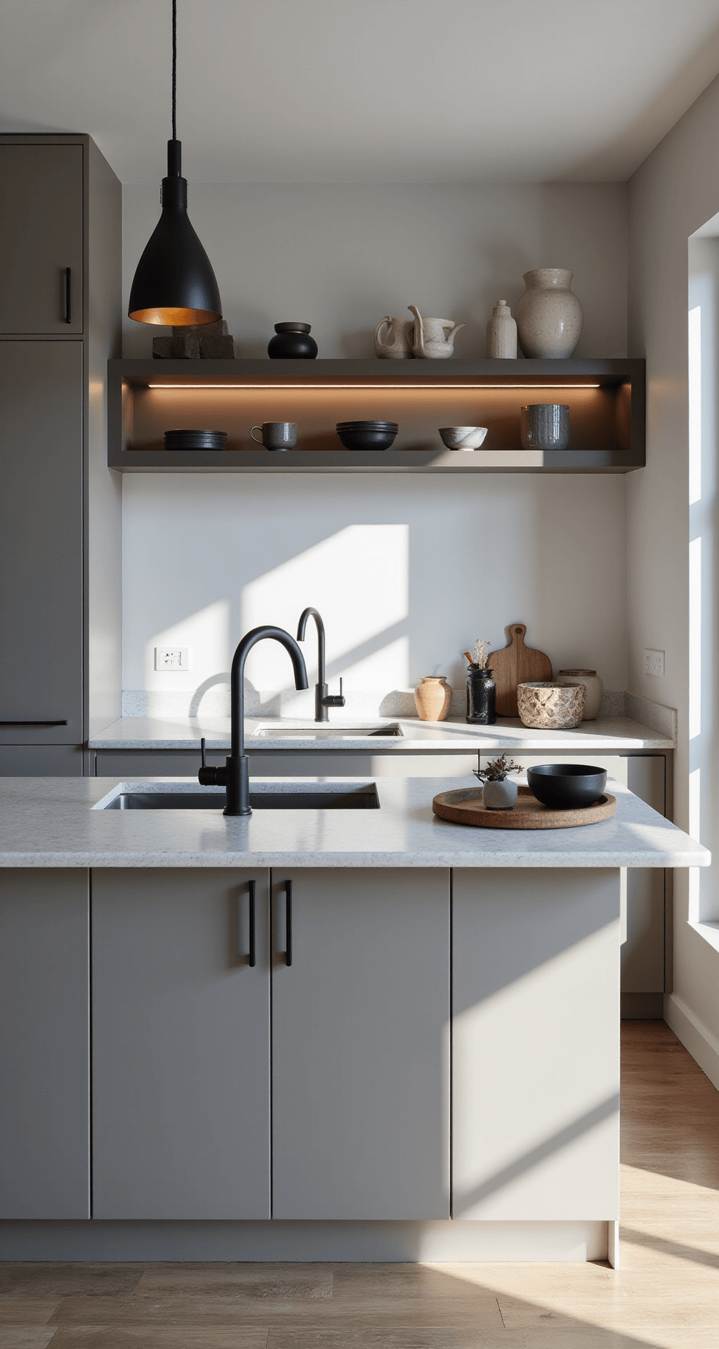 Modern L-shaped kitchen with taupe cabinets and waterfall quartz countertops, featuring black matte fixtures, geometric pendant lights, and a floating shelf displaying ceramics, captured from an elevated angle in mid-morning light.