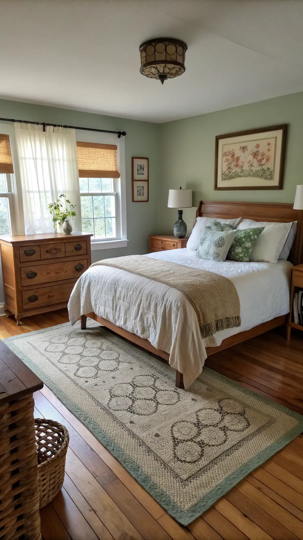 A cozy 15'x15' bedroom with medium oak plank floors and a queen bed, featuring mixed-wood furniture including a cherry dresser and painted nightstands. The room is illuminated by mid-afternoon light through roman shades and adorned with coastal-inspired artwork and woven baskets. An oversized jute rug with a vintage Persian overlay covers the floor. Ceramic table lamps with linen shades sit atop the nightstands, with a color palette of honey oak, cream, sage green, and warm grays enhancing the room's soft, diffused lighting.