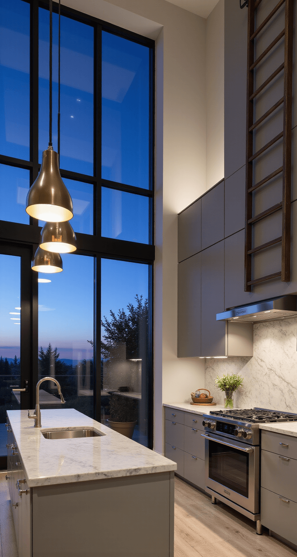 A dramatic double-height kitchen with 16ft ceilings during blue hour, featuring taupe flat-panel cabinets and a rolling library ladder in oil-rubbed bronze, oversized black metal windows showcasing twilight views, and a marble waterfall island with sculptural chrome pendants, all highlighted in a modern industrial aesthetic with mixed metal details.