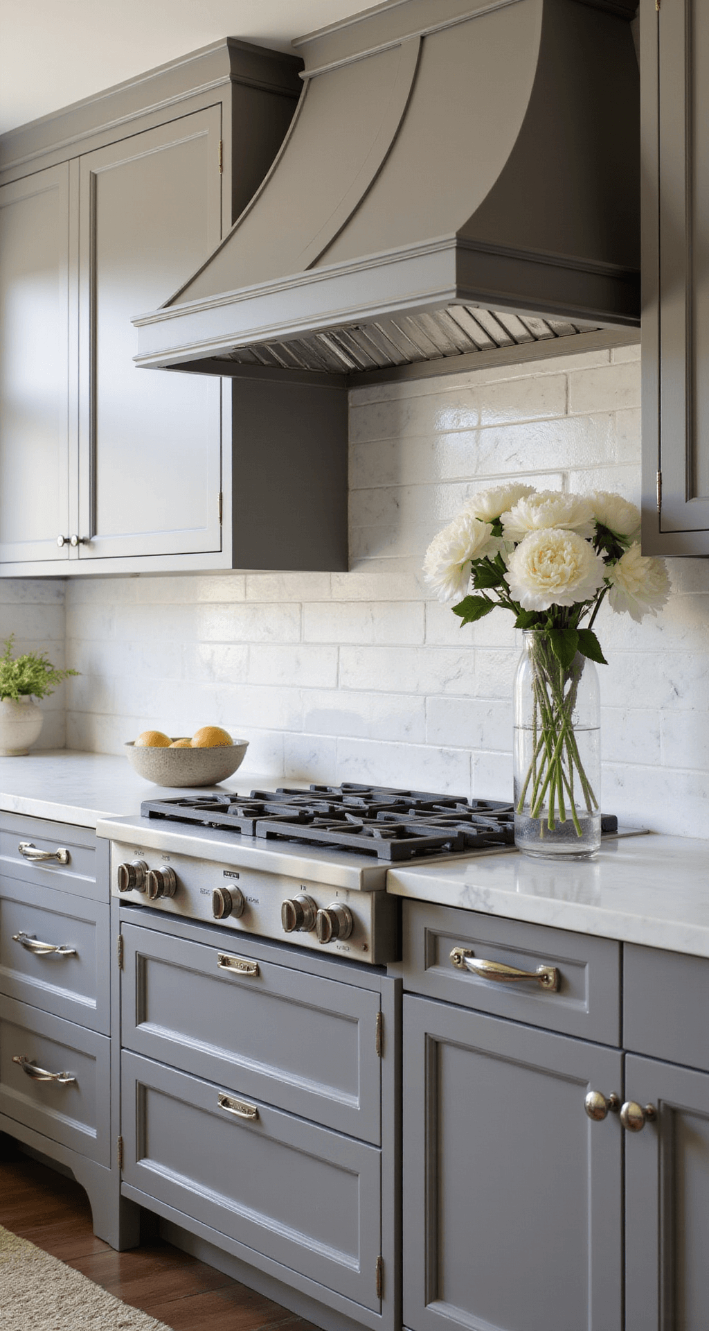 Transitional kitchen featuring taupe inset cabinets, polished nickel hardware, and Carrara marble surfaces, with a custom taupe range hood as a focal point, fresh white peonies in a glass vase, and soft box lighting enhancing the natural afternoon light.