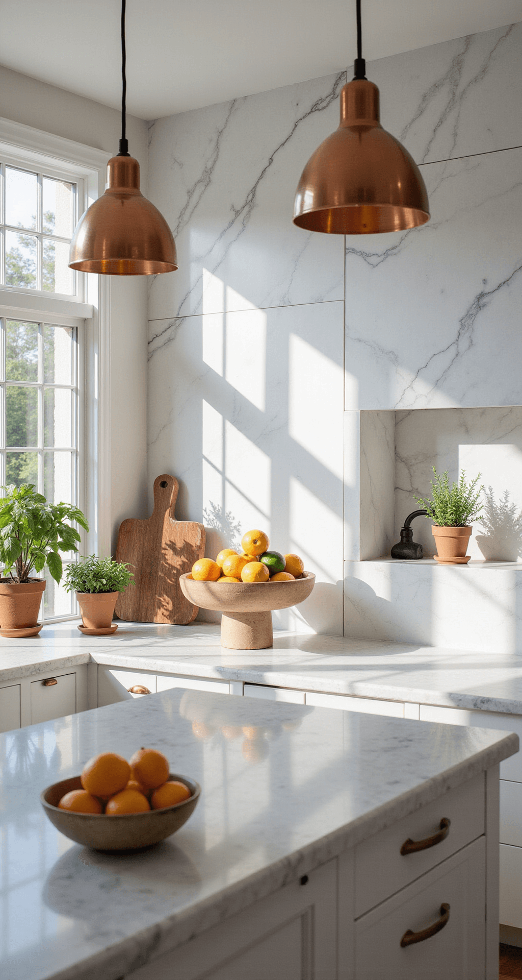 A bright kitchen with a dramatic white marble slab backsplash, quartzite island, and artisanal decor, captured from a low angle to highlight the natural veining and warm reflections from copper pendant lights.