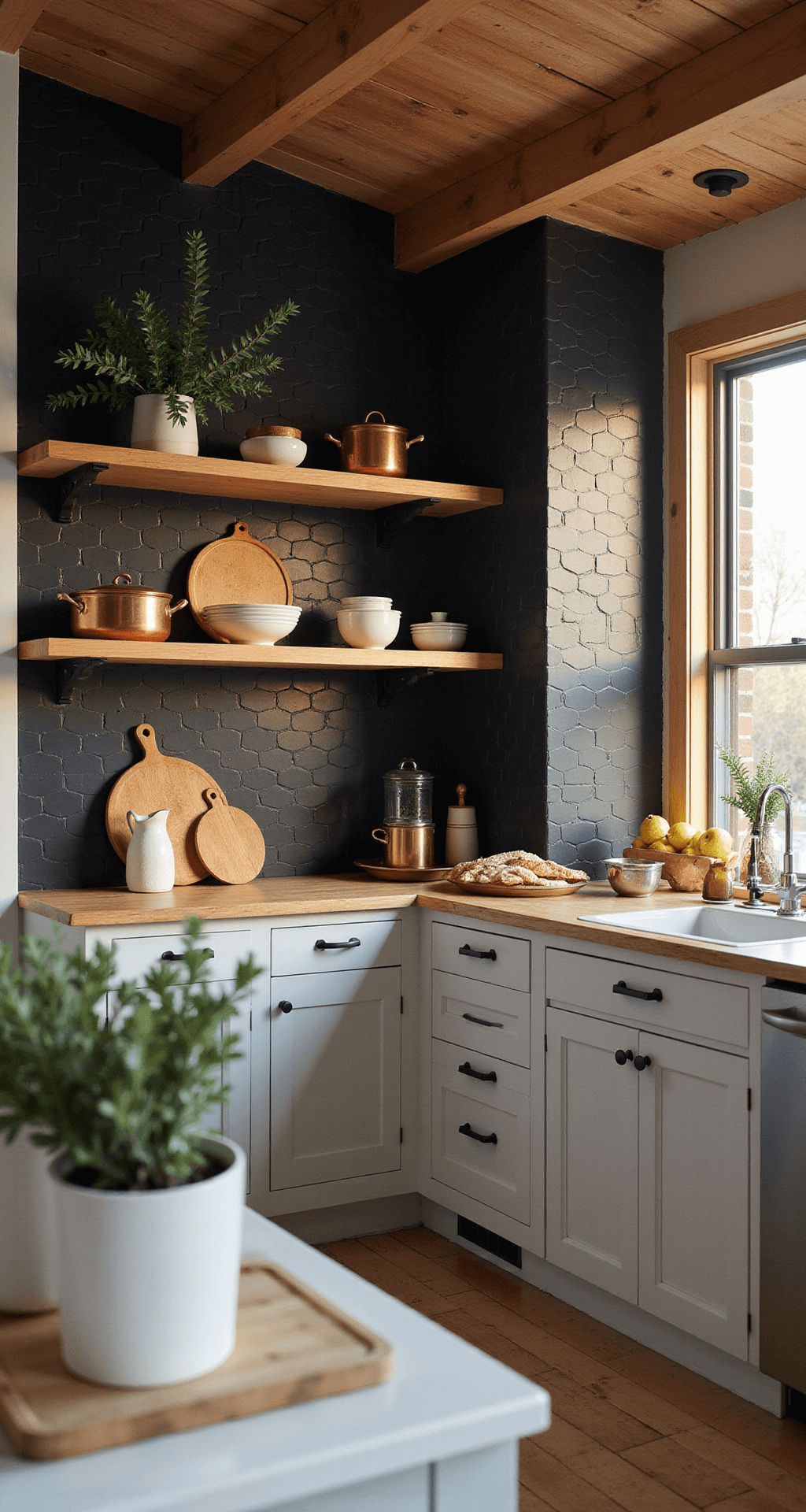 Modern farmhouse kitchen featuring a matte black hexagonal tile backsplash, warm oak open shelving, vintage copper cookware, and white ceramic vessels, illuminated during golden hour.