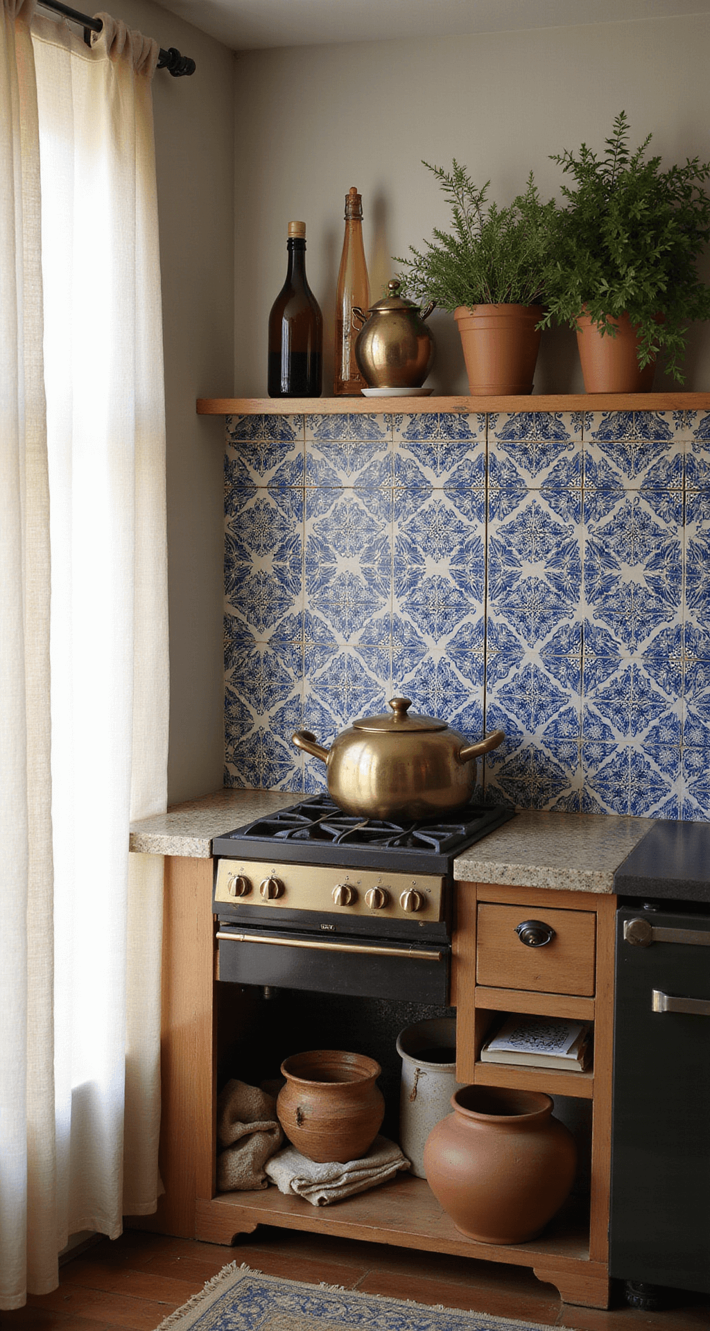 Intimate corner shot of a Mediterranean-inspired kitchen with a blue and white handpainted ceramic tile backsplash, morning light filtering through curtains, styled with brass vessels, terracotta herb pots, and vintage olive oil bottles.