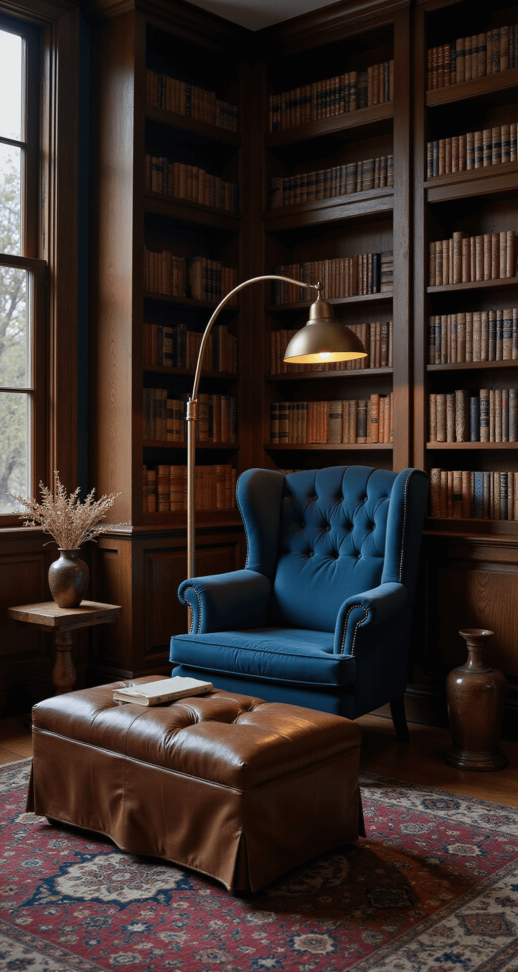 A cozy reading nook with a midnight blue velvet armchair, surrounded by a floor-to-ceiling dark oak bookshelf, illuminated by a vintage brass floor lamp. An oriental rug lies beneath a worn leather ottoman, with textural details in focus. Aged copper vase with dried botanicals sits on a carved wooden side table, creating a moody, intimate atmosphere.