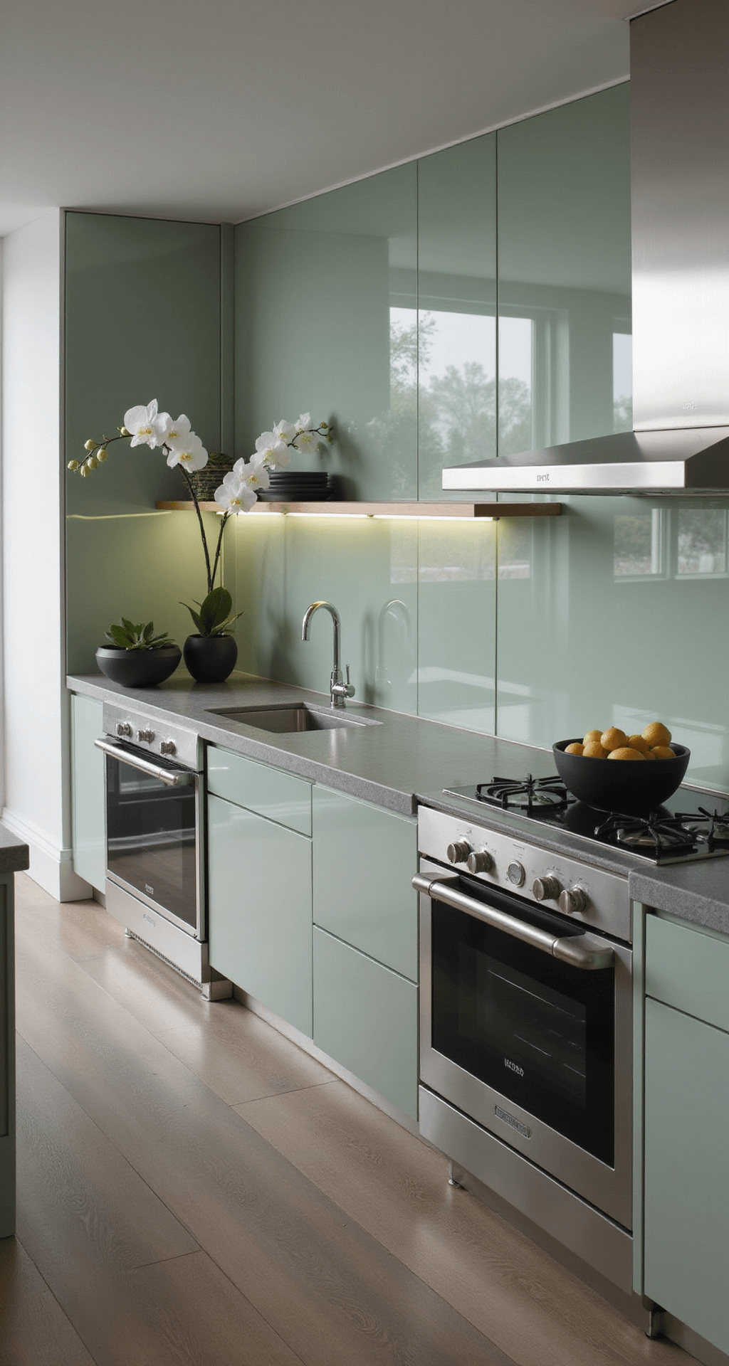 A contemporary minimal kitchen featuring a seamless sage green glass backsplash, sleek stainless steel appliances, and matte black ceramics, captured from the entrance view in soft afternoon light.