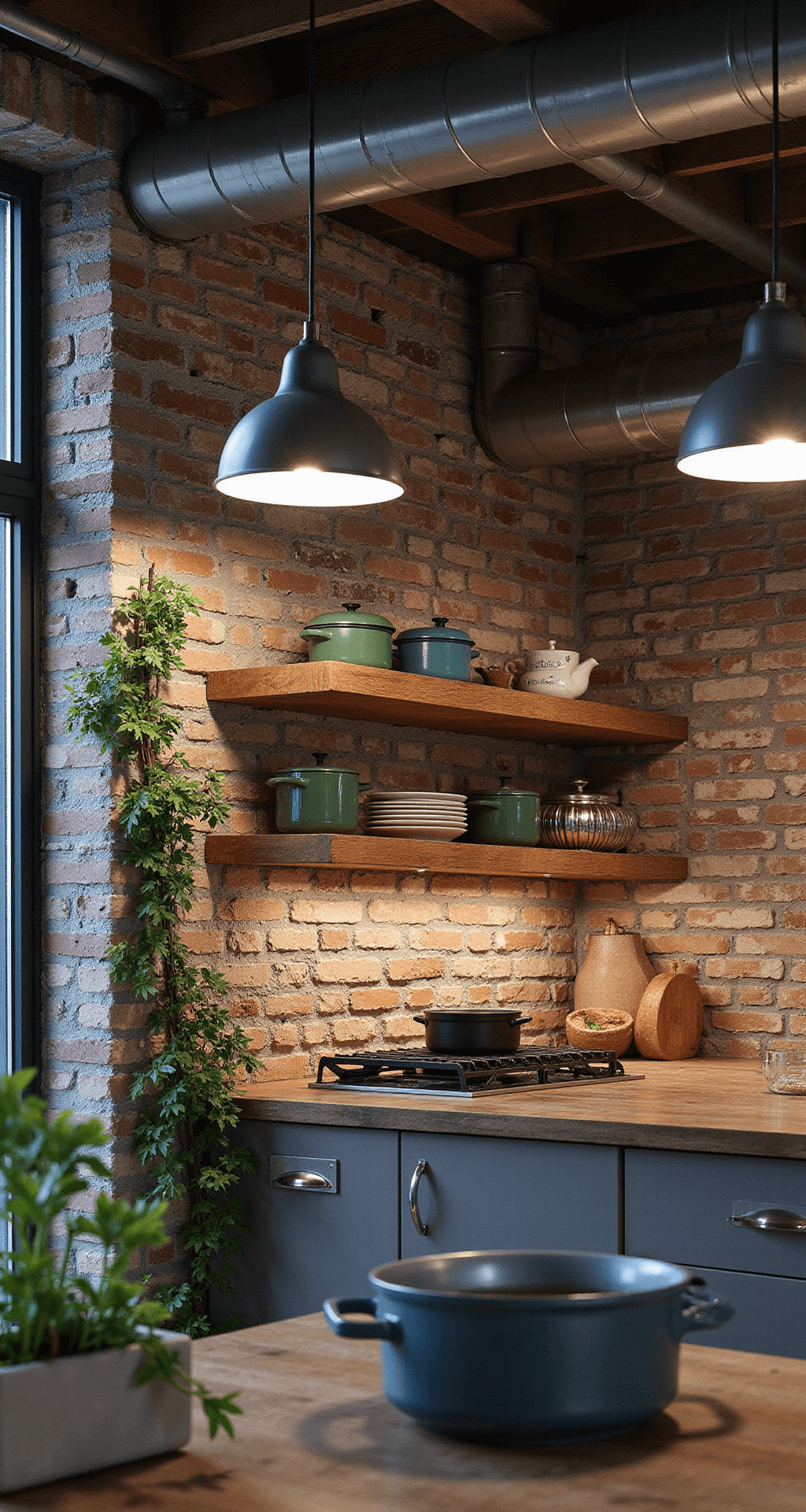 A rustic-industrial kitchen with a reclaimed brick backsplash, styled with vintage enamelware and cast iron cookware, illuminated by warm LED uplighting and cooler ambient light, showcasing exposed ducting and metal pendant lights.