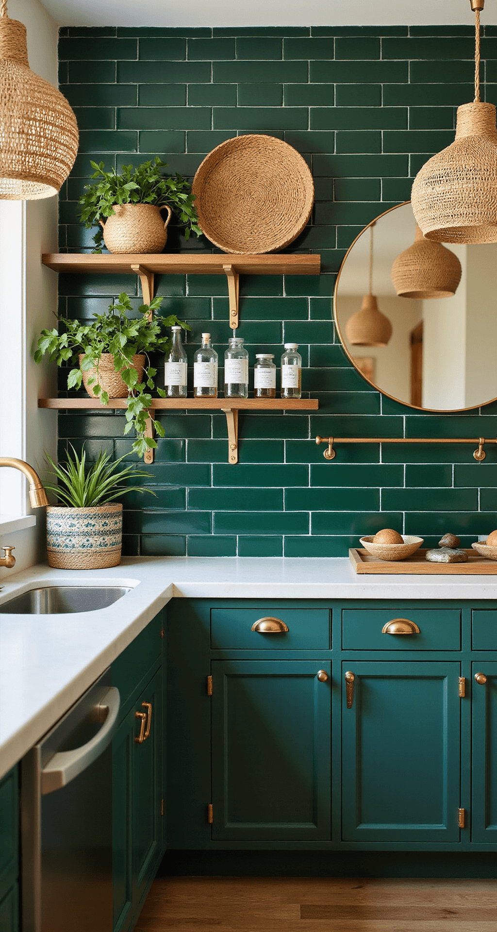 A bohemian-inspired kitchen featuring an emerald green subway tile backsplash, rattan pendant lights, and brass hardware, styled with handwoven baskets, vintage glass bottles, and pothos plants, shot from counter height in warm late morning light.