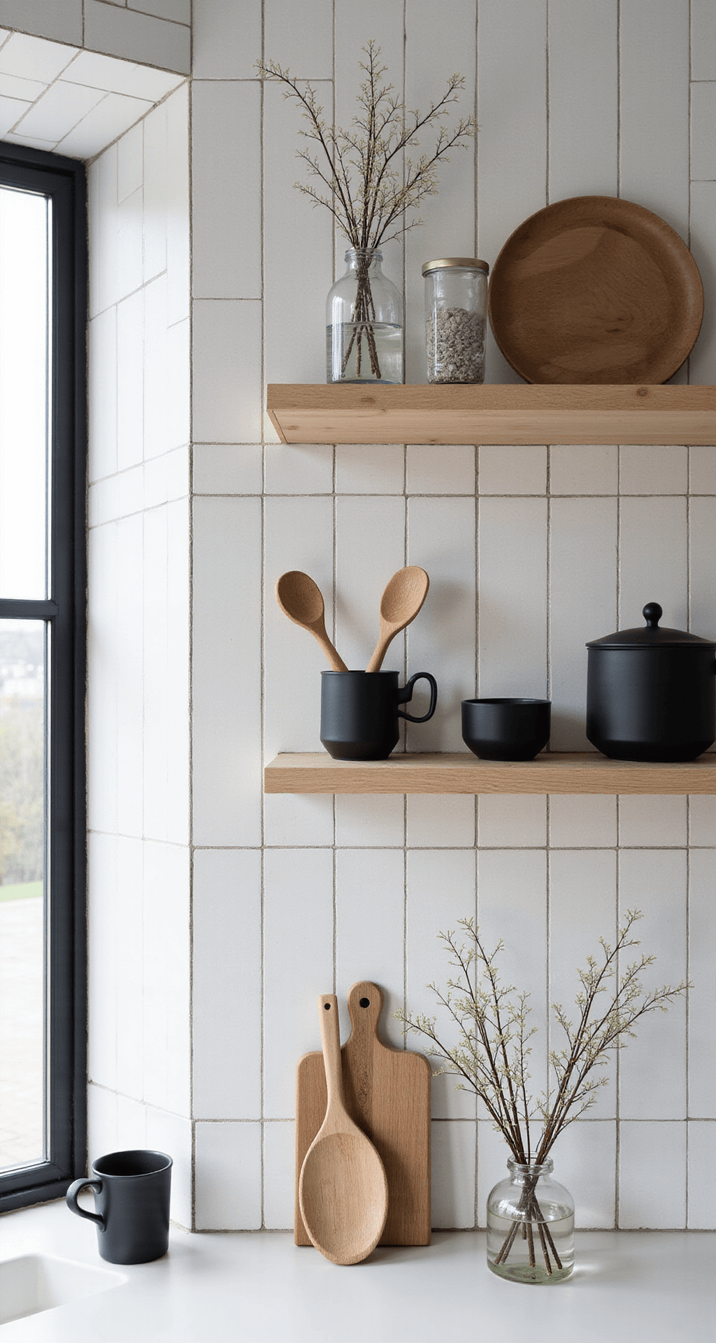 A Scandinavian minimalist kitchen showcasing a white penny tile backsplash with dark grout, blonde wood open shelving, and black metal window frames, styled with matte black ceramics and pale wooden utensils, photographed at first light to highlight its monochromatic palette and grid pattern clarity.