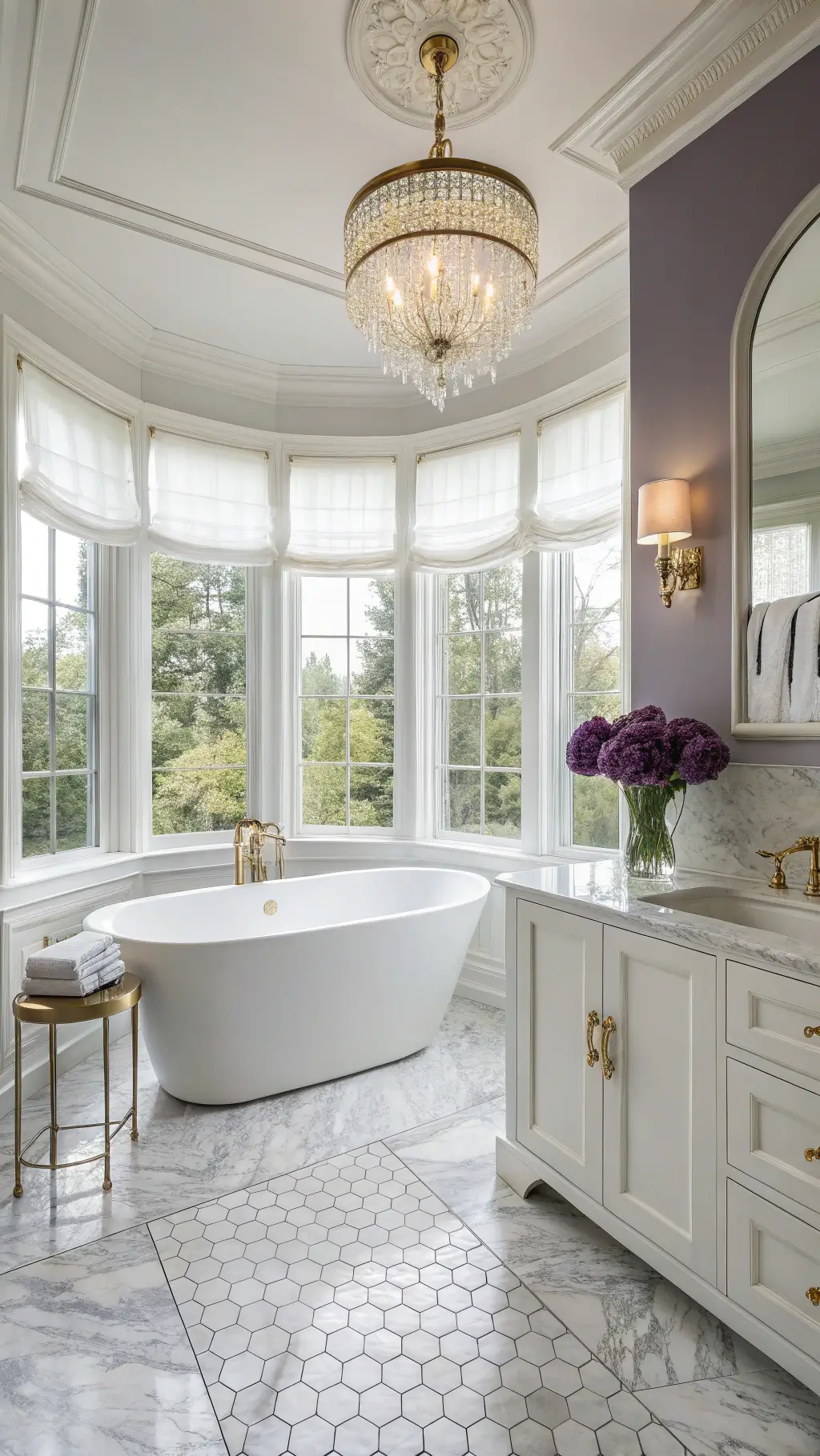 How To Create A Stunning Purple Bathroom Luxurious master bathroom with floor-to-ceiling windows, featuring a freestanding oval tub against a Royal Purple statement wall, Carrara marble hexagonal floor tiles, and a modern brass chandelier.
