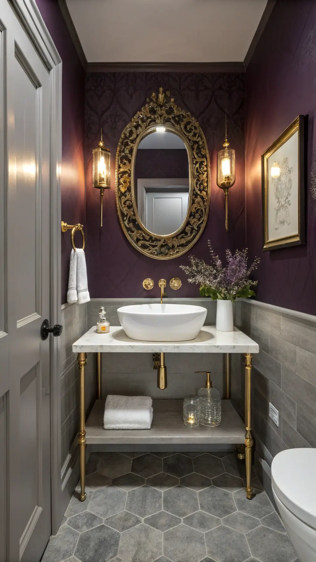 A cozy 6x8 feet powder room featuring a dramatic deep plum accent wall with a floating white vessel sink, vintage-style brass mirror, and brushed gold wall-mounted faucet. The room has gray limestone flooring and crystal sconces casting warm light, with a purple soap dispenser and fresh lavender for decoration. The low-angle view from the doorway accentuates the height and contrasting textures.