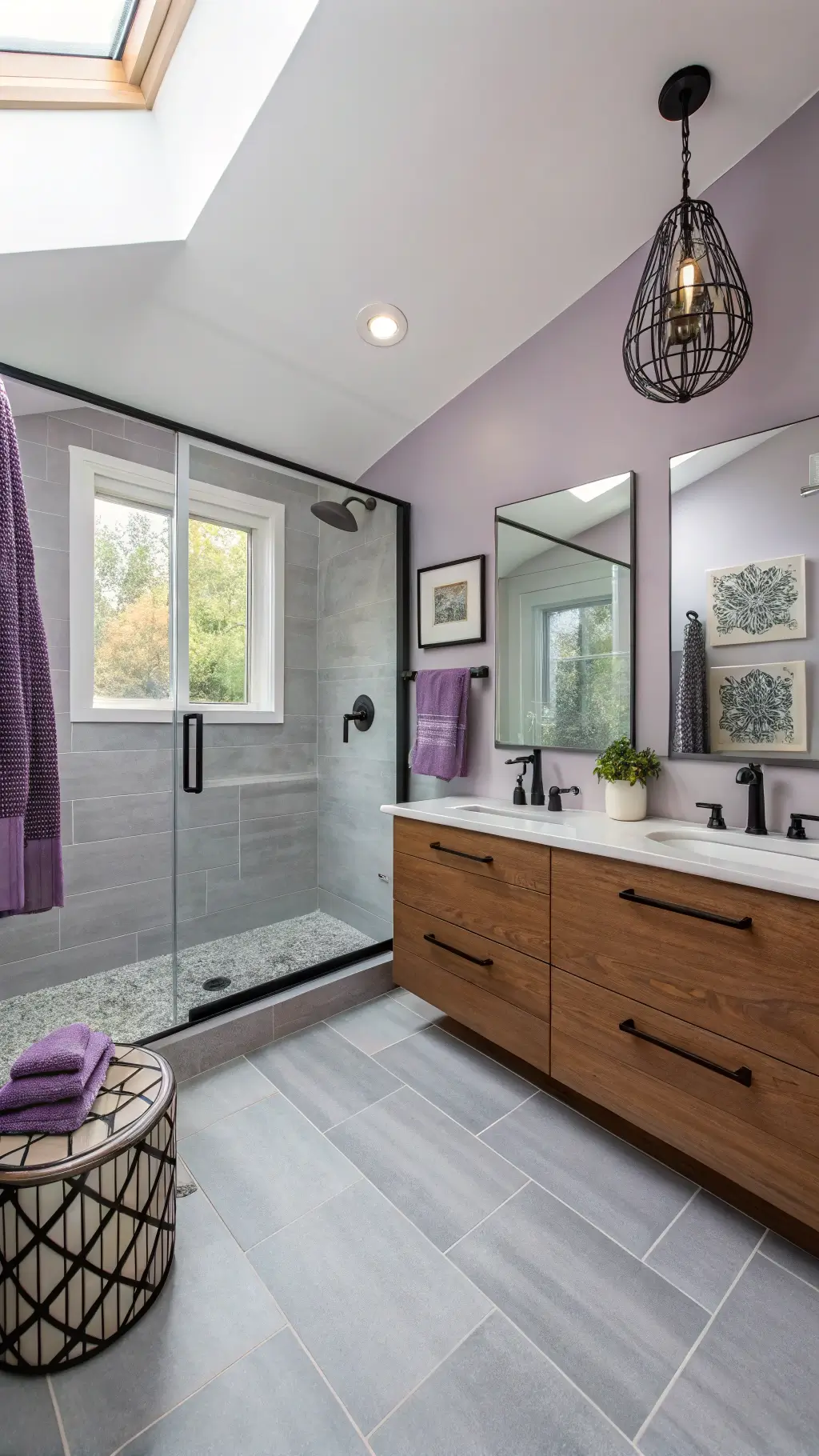 A modern family bathroom with lavender walls and gray tile flooring, a frameless glass shower with matte black fixtures, a walnut vanity with a purple-veined countertop, a geometric pendant light, and minimal black and purple decor, illuminated by natural light from a skylight.