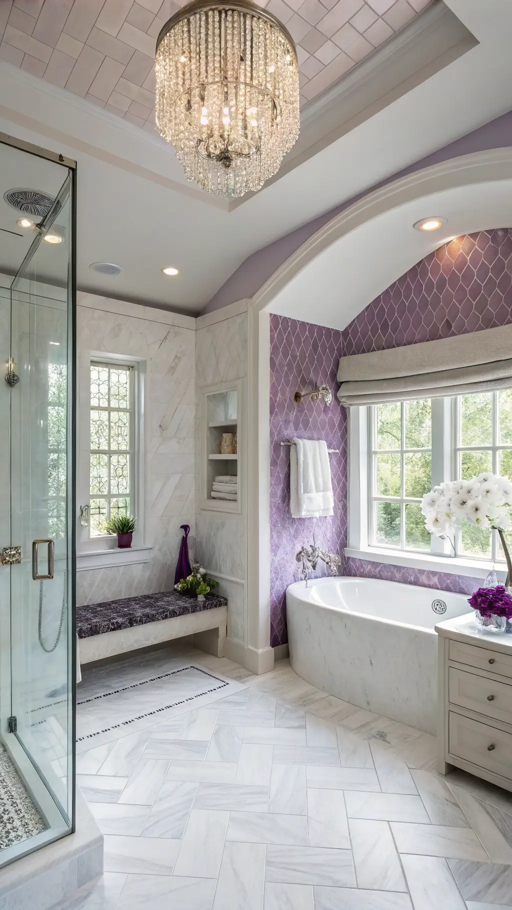 Spa-inspired master bath with lilac-tinted walls, oversized shower with purple mosaic, white marble herringbone floor, modern chandelier, fresh orchids, eucalyptus, and chrome fixtures, bathed in soft afternoon light.