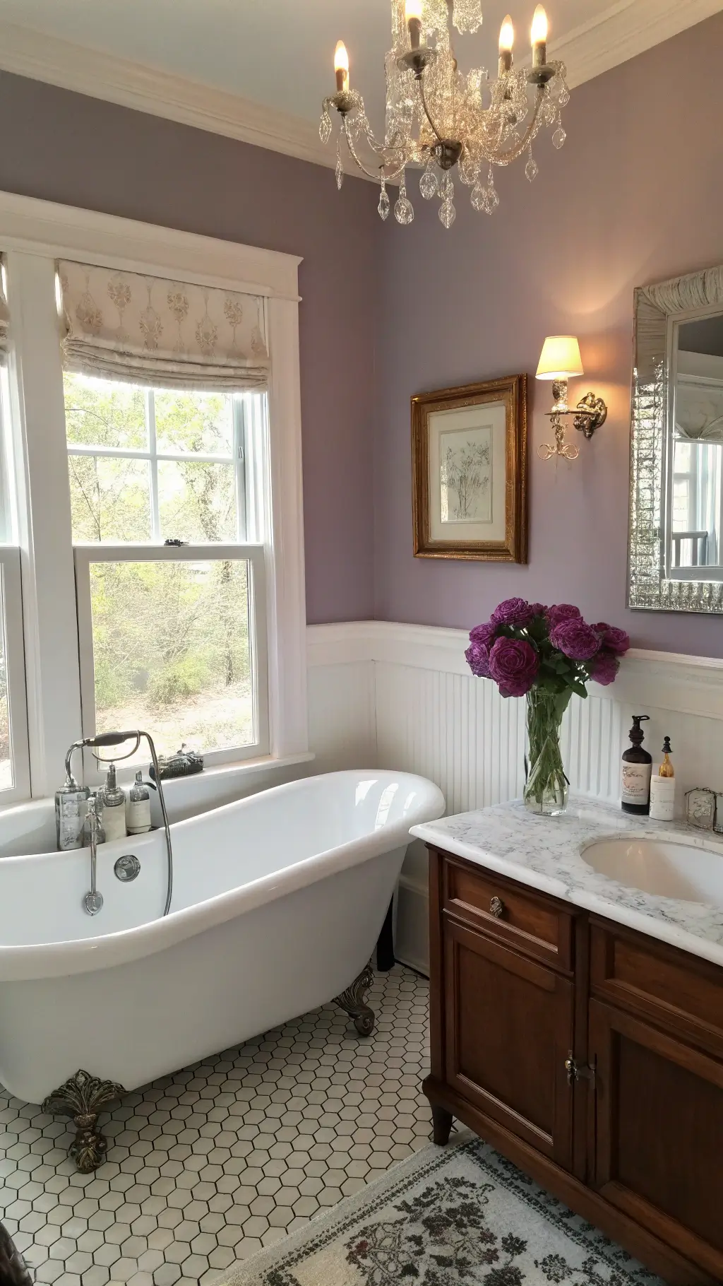 Victorian-style guest bathroom featuring a glossy white clawfoot tub, dusty purple walls, frosted glass windows, black and white hexagonal tiles, oil-rubbed bronze fixtures, marble-topped vanity, crystal chandelier, antique perfume bottles, and purple roses.