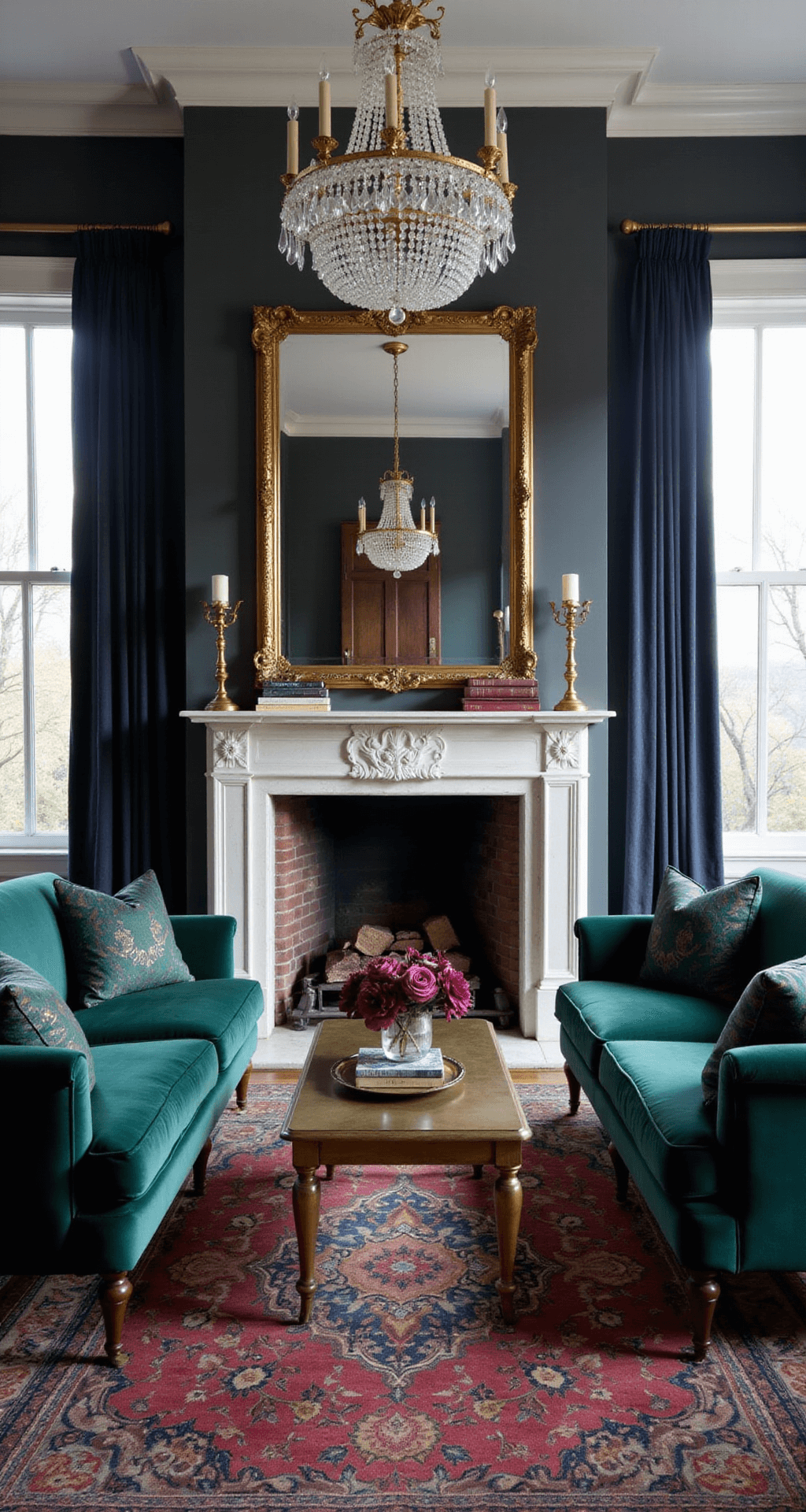 A Victorian-style parlor with charcoal gray walls, white trim molding, and a gilded mirror above a marble fireplace, photographed during blue hour. Emerald velvet settees face each other across a brass coffee table. Crystal chandelier reflections add depth. Tall windows are framed by heavy damask curtains, layered Persian rugs in deep colors adorn the floor, and vintage books, brass candlesticks, and dark flowers add style.
