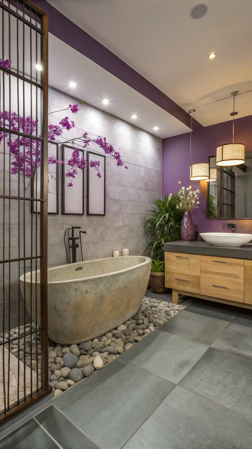Zen-inspired bathroom with ombre purple walls, concrete soaking tub, bamboo vanity, purple mirrors, gray stone tiles, river rocks, purple orchids, linear lighting, and Asian-inspired screens.