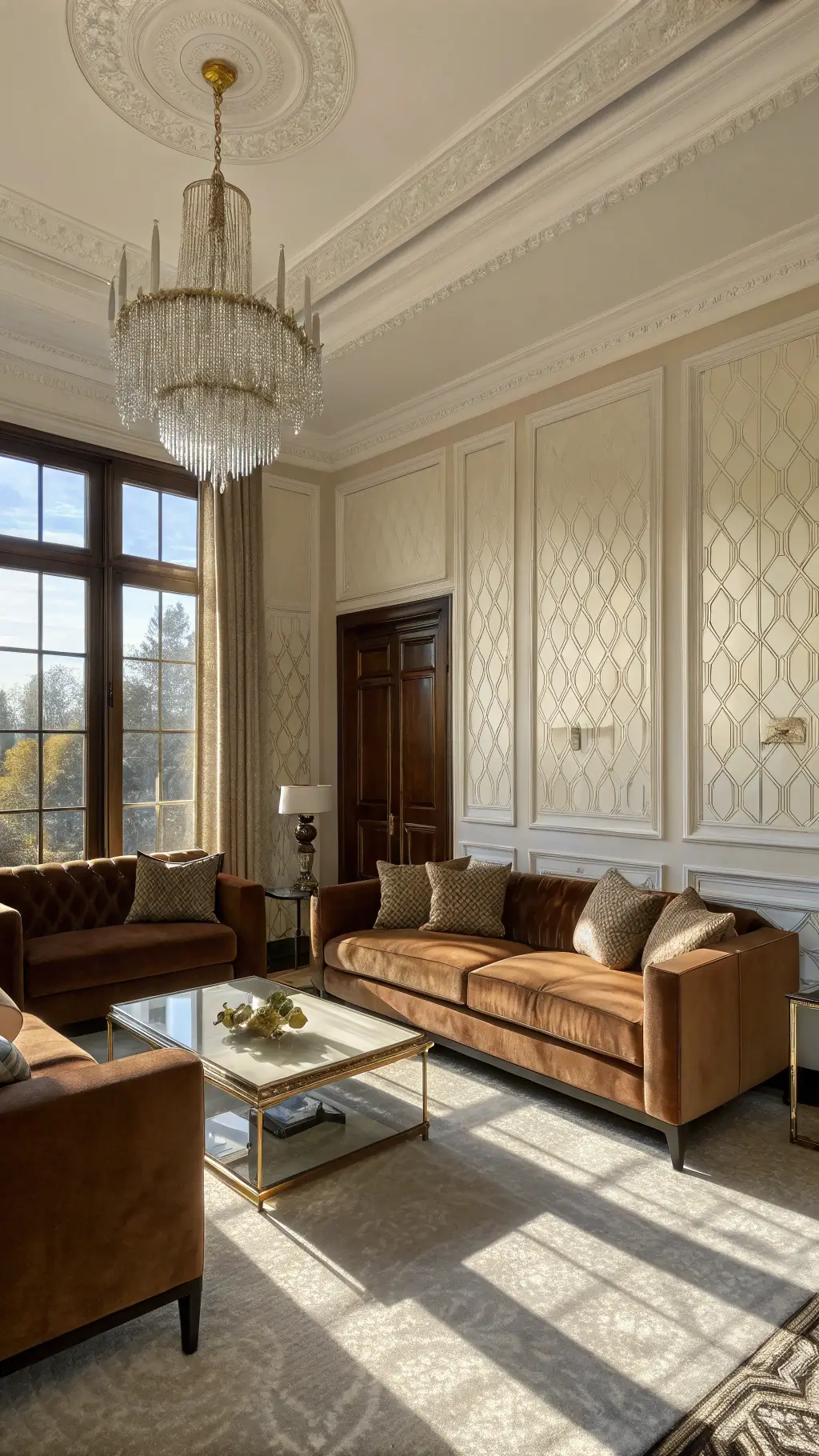 Art deco living room with cream silk wallpaper and dark walnut details, featuring two brown velvet sofas facing each other across a brass and cream marble coffee table; a crystal chandelier casting intricate shadows in afternoon light.