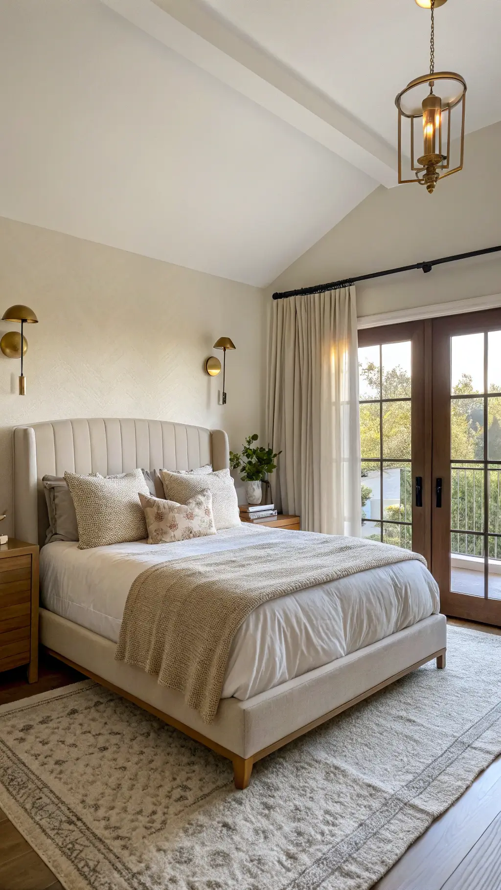 Cozy master bedroom with a queen bed, brass sconces, floating walnut nightstands, and built-in taupe wardrobes. Warm light filters through sheer drapes onto plush cream bedding and a natural jute rug.