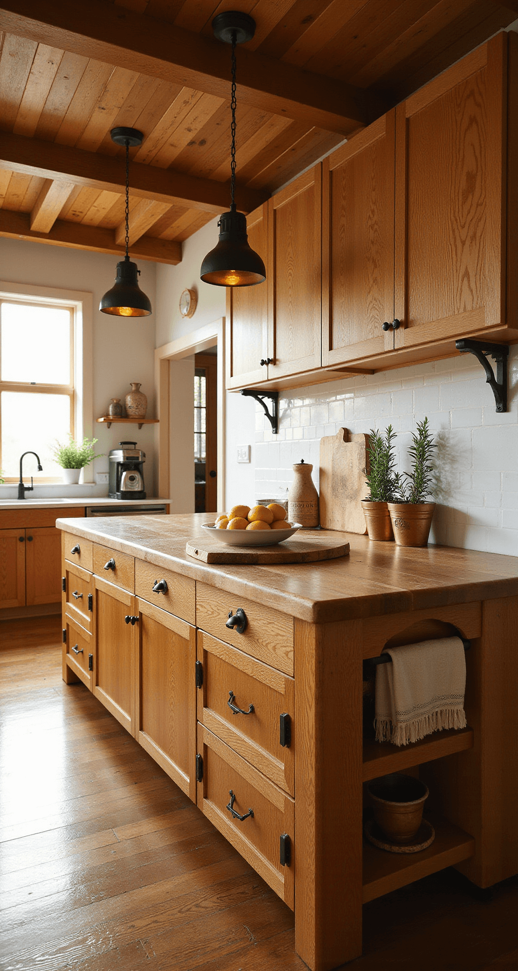 A sunlit modern farmhouse kitchen featuring honey oak cabinets, a butcher block island, and a white marble backsplash, captured during golden hour with warm light illuminating the space and highlighting its design details.