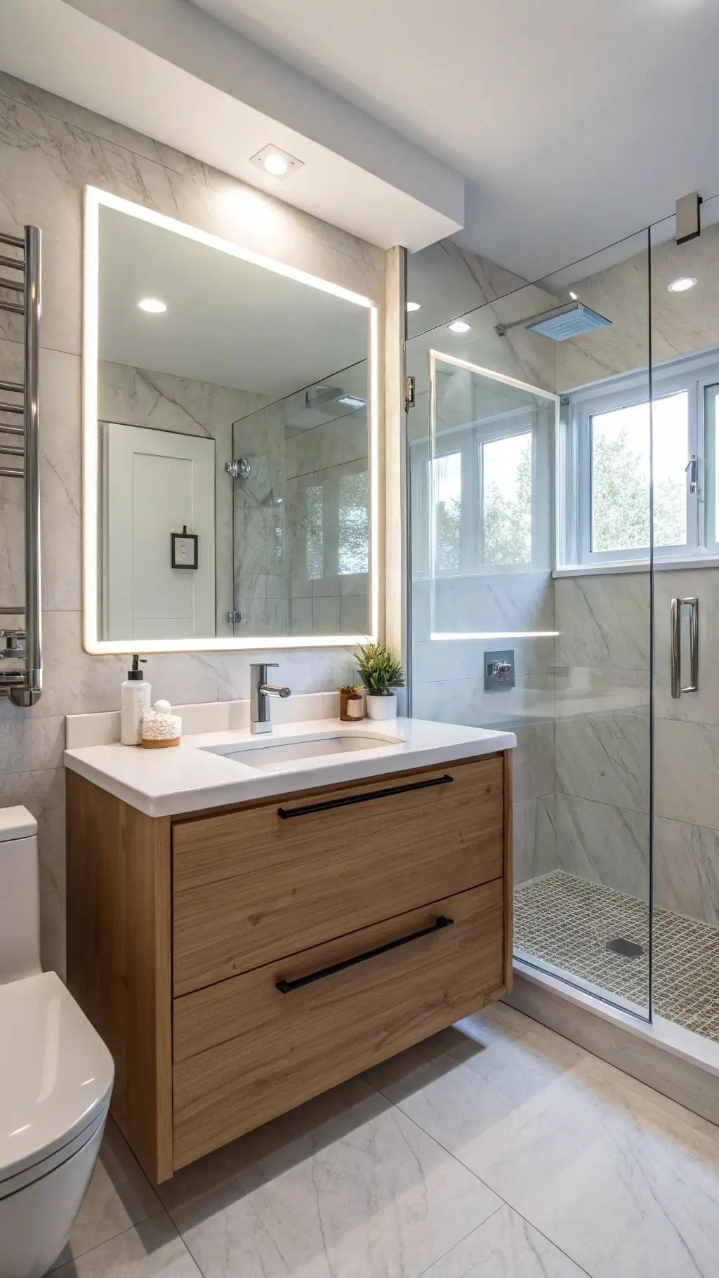Compact 5x8 ensuite bathroom with a floating white oak vanity, oversized LED mirror, and corner glass shower; chrome fixtures and cool white lighting enhance a spa-like ambiance.