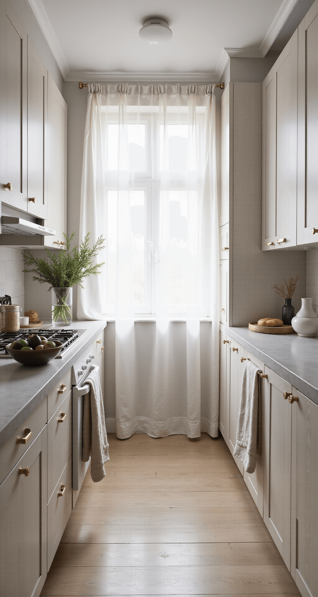 Intimate morning scene in a Scandinavian-inspired kitchen with white-washed maple cabinets, early light filtering through sheer curtains, featuring pale ceramic vessels and fresh figs on concrete countertops, complemented by brass accents and warm oak flooring.