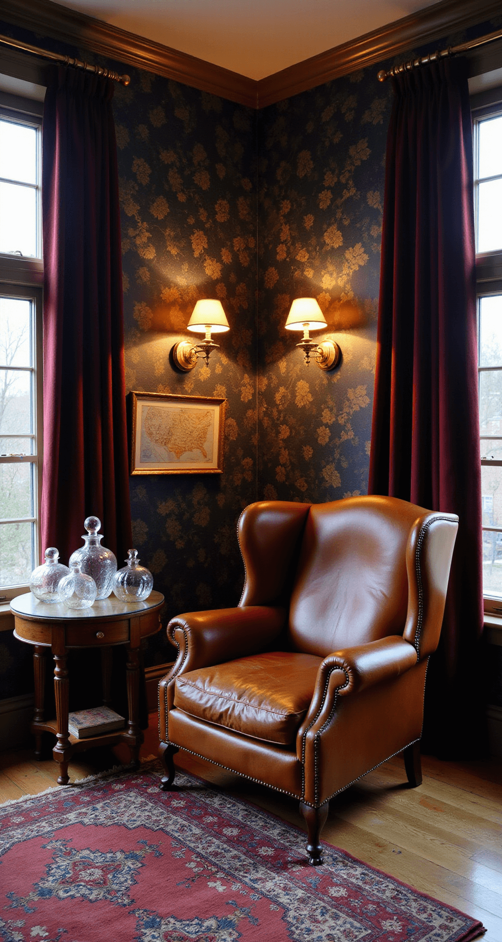A cozy library corner at twilight with navy wallpaper, leather wingback chair, antique map gallery wall, vintage glass decanters, jewel-toned kilim rug, and burgundy velvet drapes.