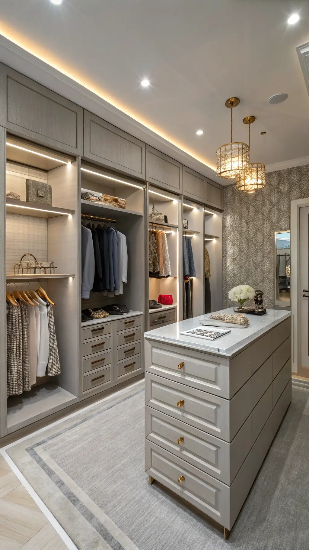 Entrance view of a compact 5x5 walk-in closet featuring dove grey floor-to-ceiling custom wardrobes with motion-sensor LED strips. Includes varied storage options such as hanging spaces, drawers, and open shelving. Walls are adorned with pearl finish textured grasscloth wallpaper. A central island with jewelry drawers is topped with grey quartz. Warm cabinet lighting provides a cozy feel, captured through a wide-angle lens highlighting vertical storage solutions.