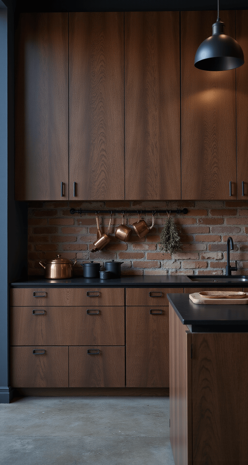 Moody kitchen at blue hour with rich walnut cabinets and industrial elements, featuring strategic accent lighting, a black soapstone island, copper cookware, and an exposed brick wall, captured from slightly above eye level.
