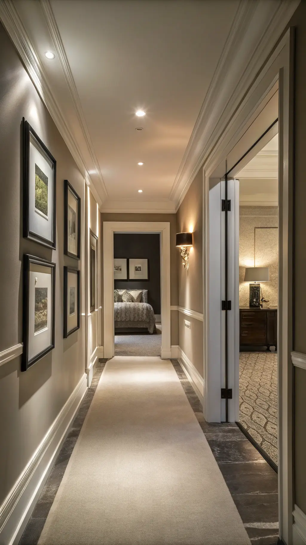 A hallway view of a master suite entry with dramatic evening lighting, greige walls, and white trim, highlighting a clear pathway with minimal black-framed artwork; a glimpse of the bed is visible through the doorway.