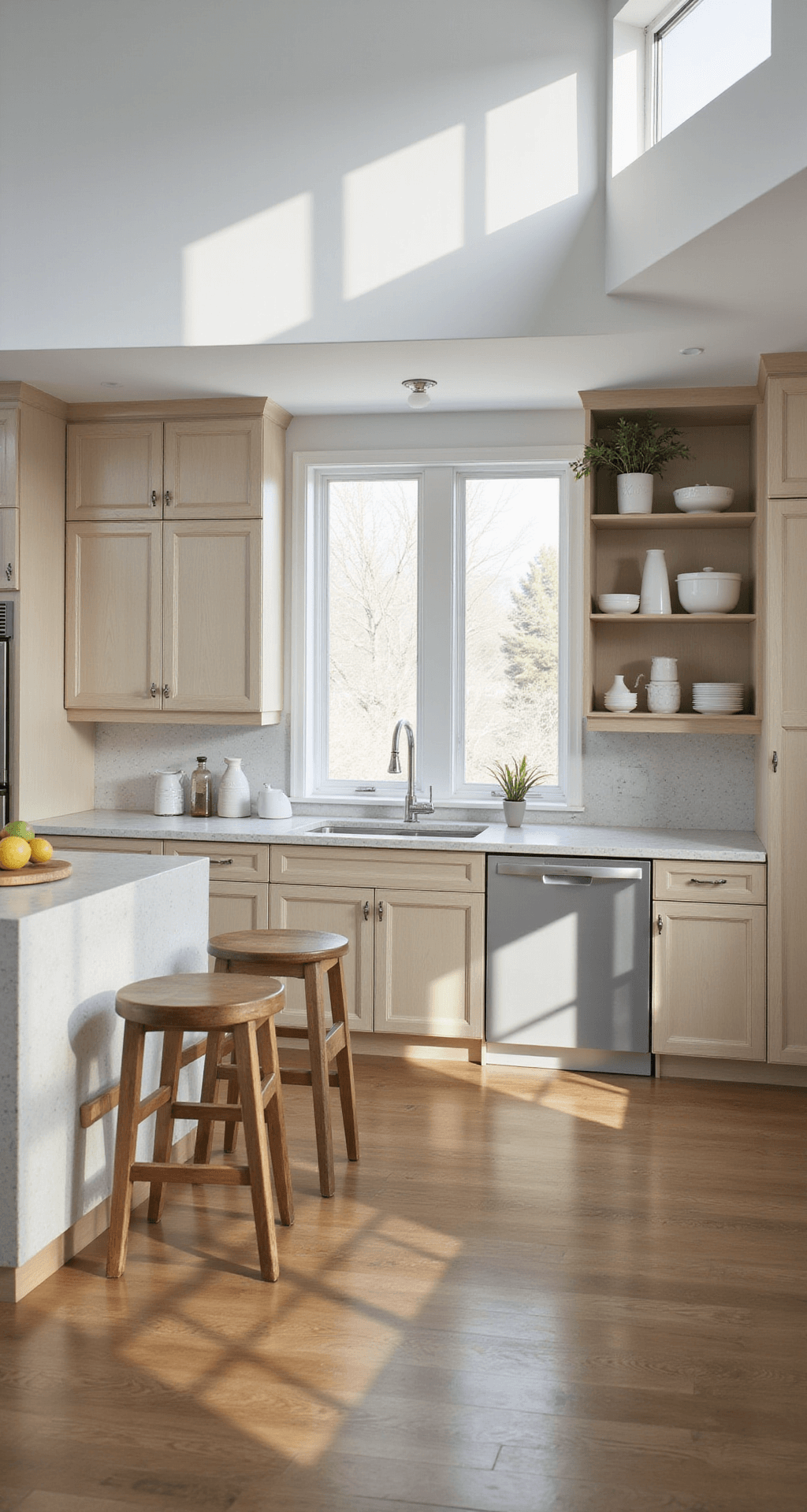 A bright contemporary kitchen with blonde ash cabinets, a quartz waterfall island adorned with minimalist ceramics and citrus, and open shelving featuring white pottery. Dramatic shadows from clerestory windows highlight the clean lines and geometric layout, with stainless steel appliances complementing the modern design.