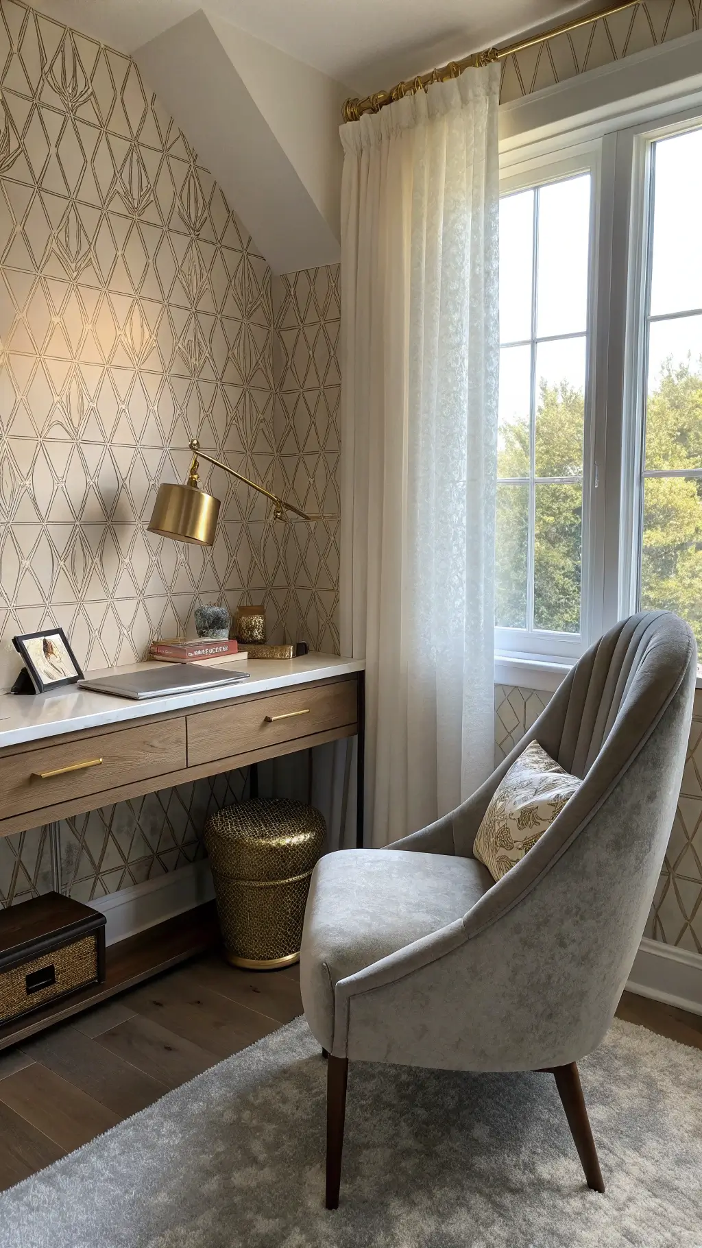 A cozy corner nook with a reading chair in performance velvet illuminated by morning light, sheer curtains, a floating desk serving as a vanity, a brass task lamp, and a hidden storage ottoman, set against textured champagne wallpaper.
