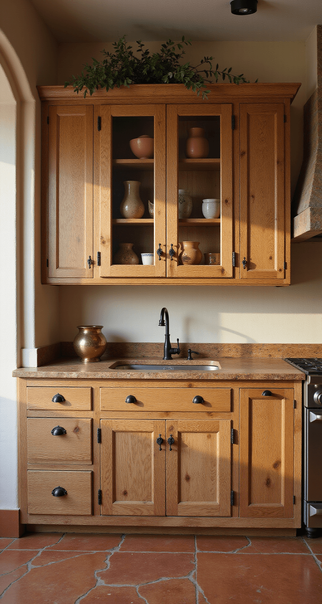 Rustic Mediterranean kitchen with reclaimed oak cabinets, terracotta floor tiles, and warm afternoon light illuminating wooden surfaces. Upper cabinets showcase earthenware, with olive branches and vintage copper vessels adding character. Shot from a doorway angle, emphasizing cabinet height and textures.