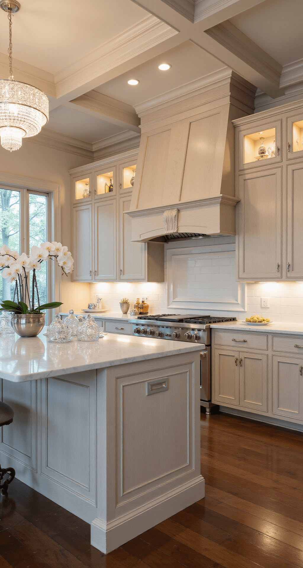 Luxurious transitional kitchen featuring quarter-sawn white oak cabinets, coffered ceiling, marble island adorned with crystal decanters and silver serving pieces, illuminated by early evening ambient lighting and under-cabinet LEDs, showcasing elegant polished nickel hardware and a crystal chandelier.