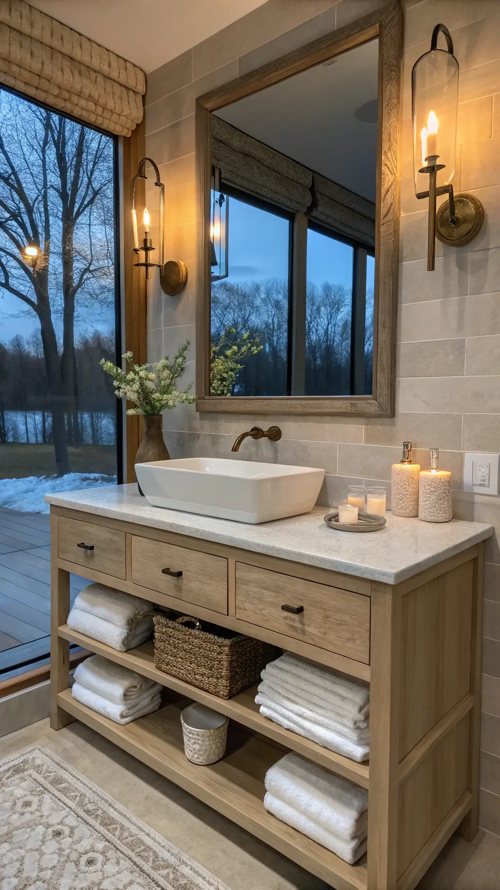 Bathroom vanity with bleached oak floating design, aged brass faucet, cream ceramic vessels, and textured glass sconces during blue hour.