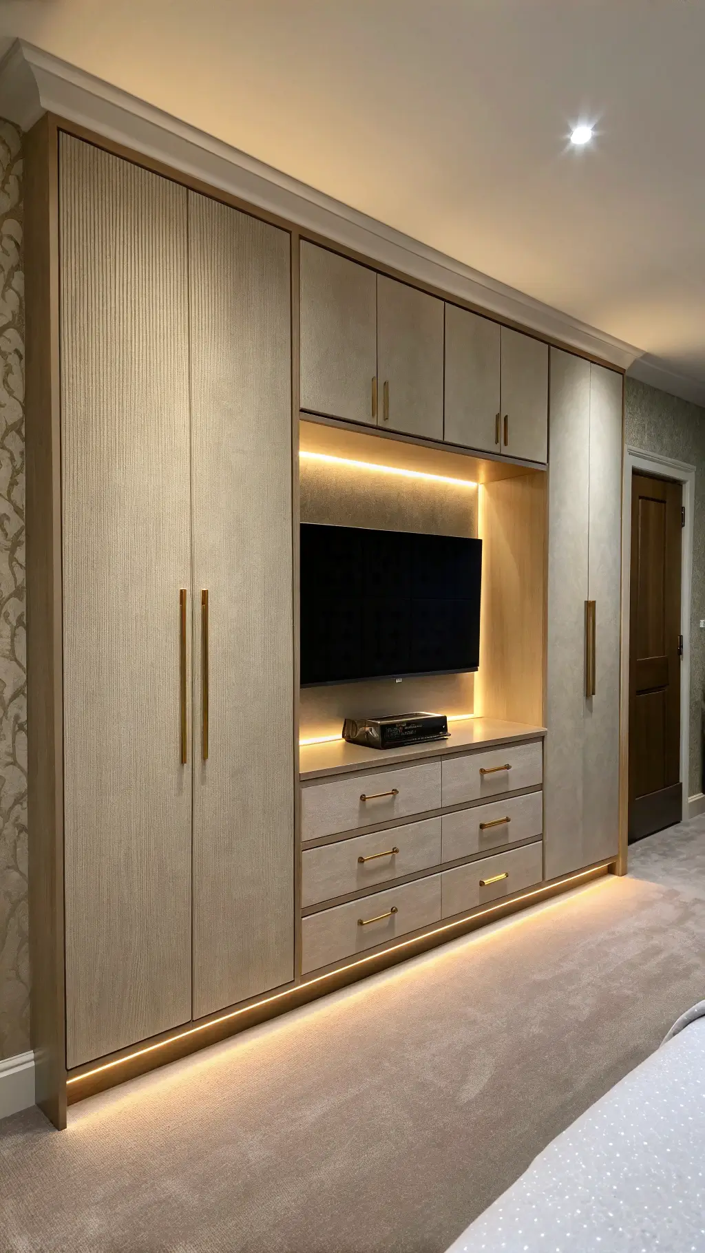 A symmetrical bedroom storage wall with floor-to-ceiling wardrobes featuring minimalist brushed brass pulls; center section hosts a mounted TV that blends into the cabinetry, illuminated by integrated LED strips, with tone-on-tone textured wallpaper in the background.