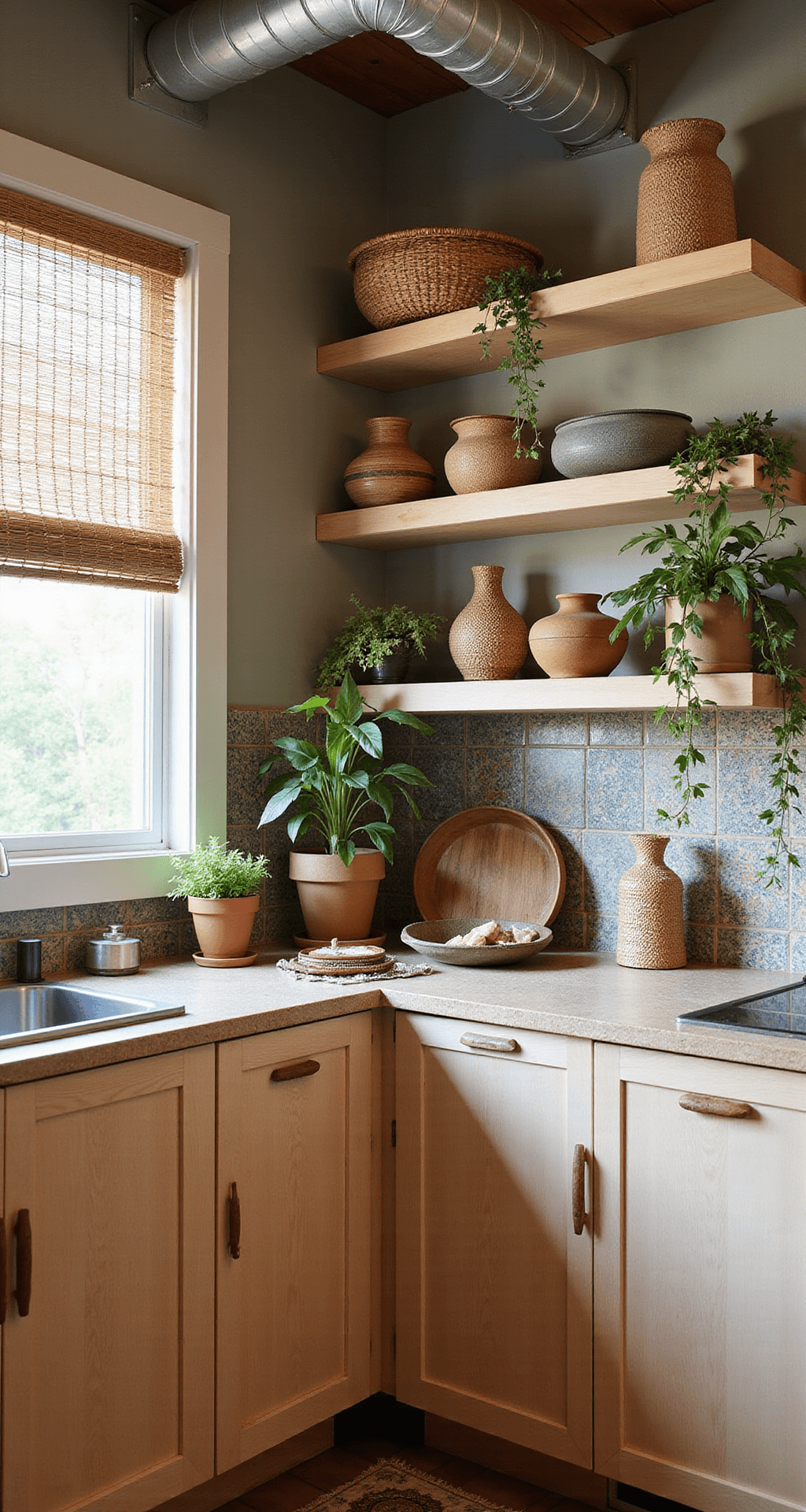 Bohemian-modern kitchen featuring bleached teak cabinets, exposed ductwork, and a colorful Moroccan tile backsplash, illuminated by filtered midday light through bamboo blinds. The space includes natural edge pulls on lower cabinets, open shelving with global artifacts and plants, along with handwoven baskets and ceramic vessels, all captured from a diagonal corner position.