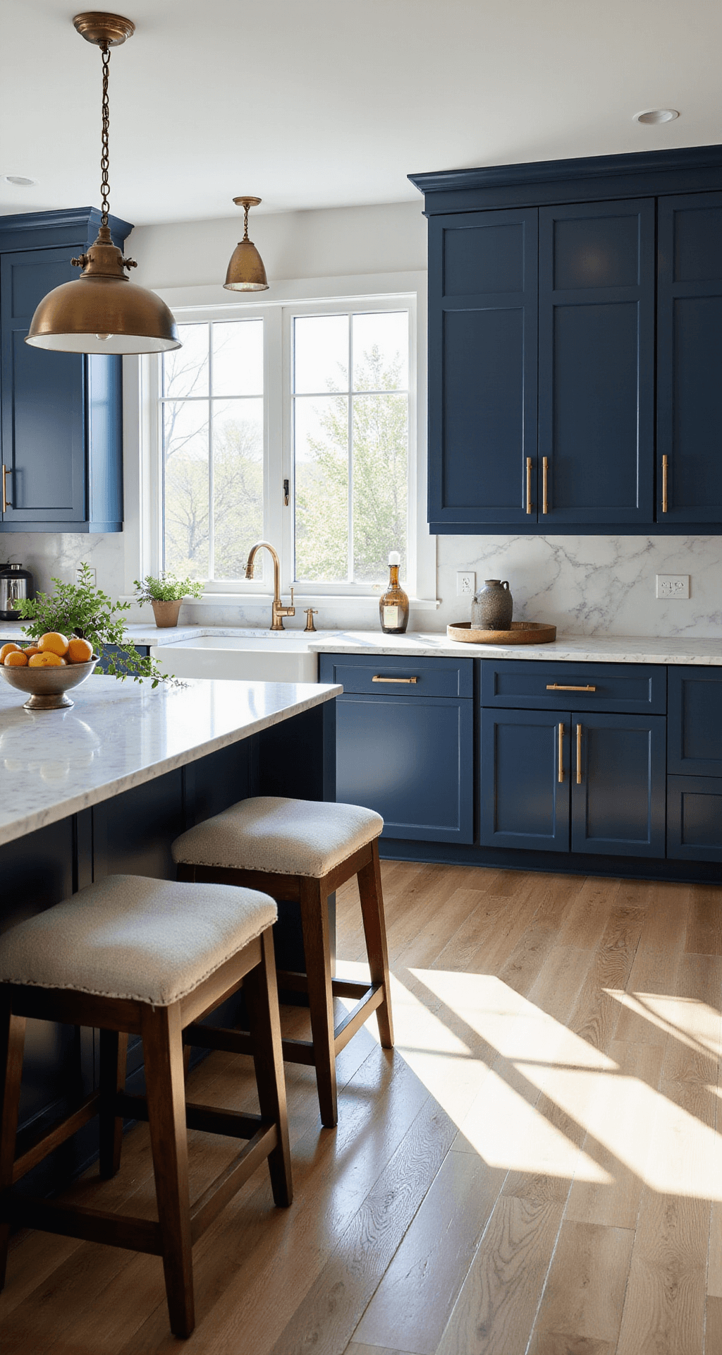 Navy Blue Kitchen Cabinets: A Stylish Transformation Guide A spacious 12x15ft kitchen featuring navy blue Shaker-style cabinets, Carrara marble countertops, and a large island with waterfall edges, all illuminated by late morning sunlight streaming through large windows. The scene includes vintage-inspired pendant lights, linen-upholstered barstools, artisanal ceramic vessels, a bowl of fresh citrus, and trailing ivy plants, showcasing a color palette of deep navy, warm brass, crisp whites, and subtle gray veining.