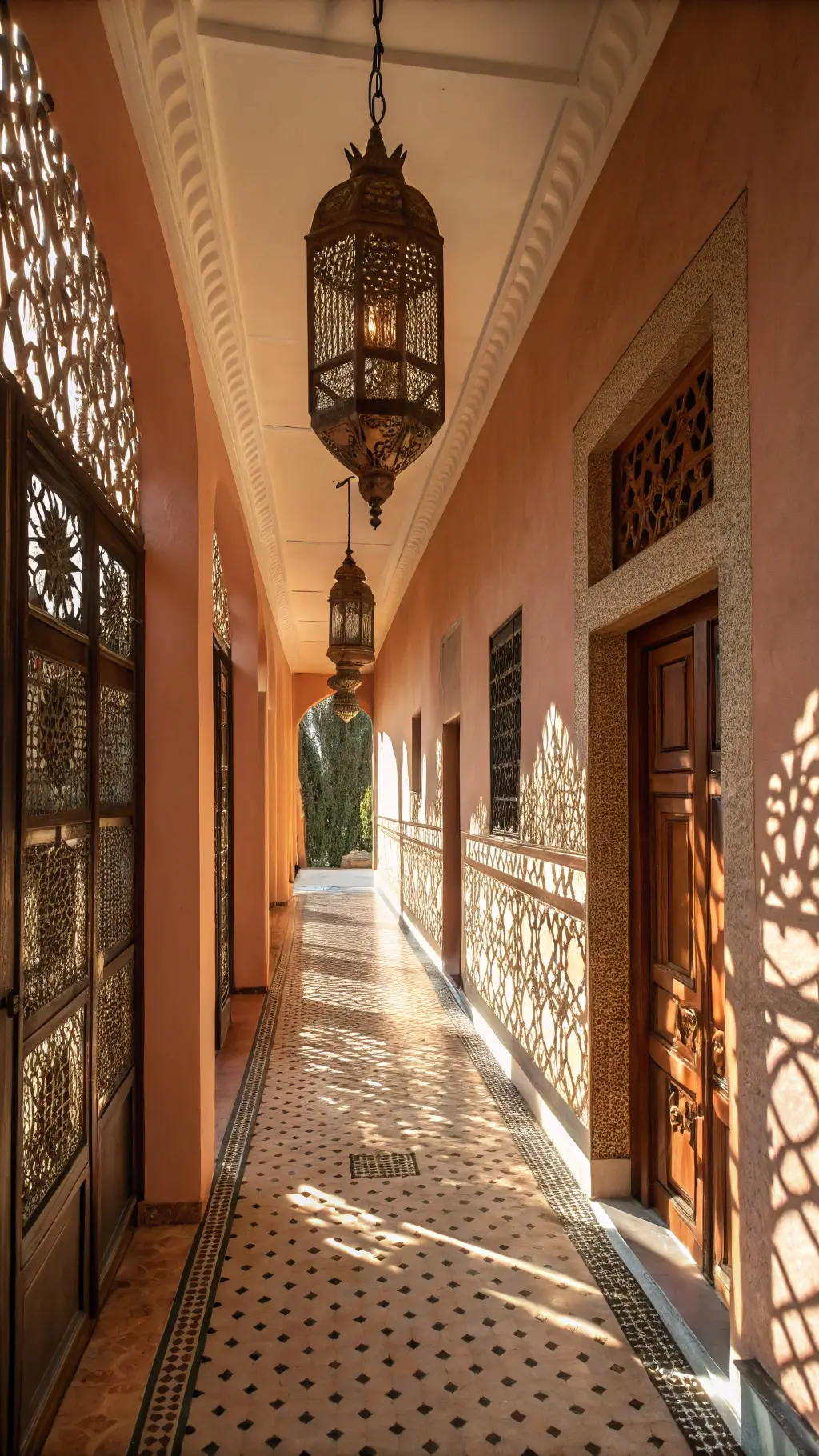 Transform Your Hallway with Moroccan Magic: A Designer's Guide Wide angle photo of a 12-foot hallway at golden hour with sunlight filtering through a wrought iron lantern creating intricate shadows. A vintage Beni Ourain runner with diamond patterns extends down the terracotta lime washed corridor. Carved wooden jali panels adorn the walls at eye level, with the low angle capturing geometric designs. Soft natural light blends with dimmed lantern glow.