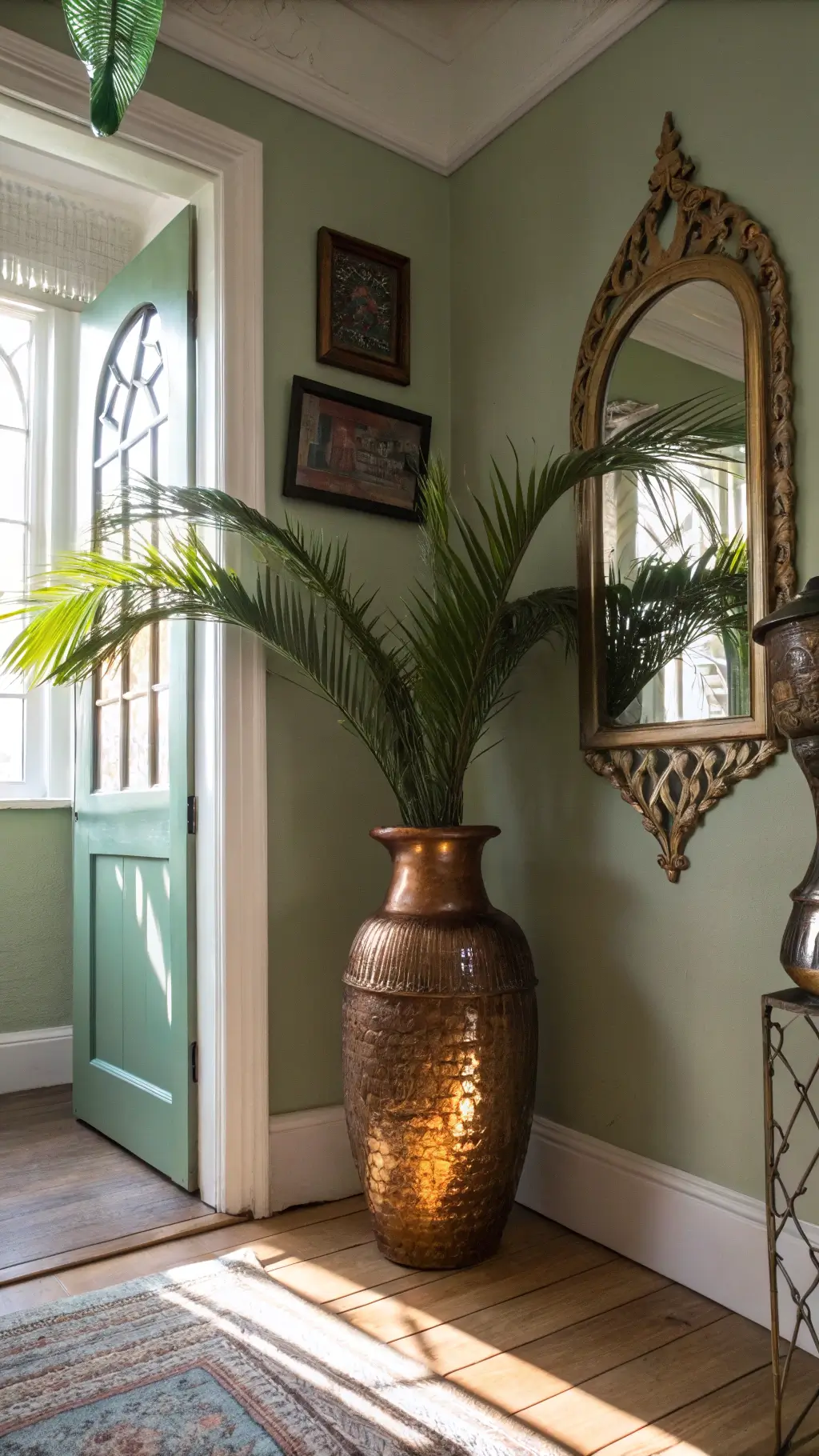 Transform Your Hallway with Moroccan Magic: A Designer's Guide Eye-level view of a hallway corner with a hammered copper floor vase holding palm fronds against sage green walls; light from a colored glass pendant creates rainbow refractions, and a vintage brass mirror reflects intricate filigree details.