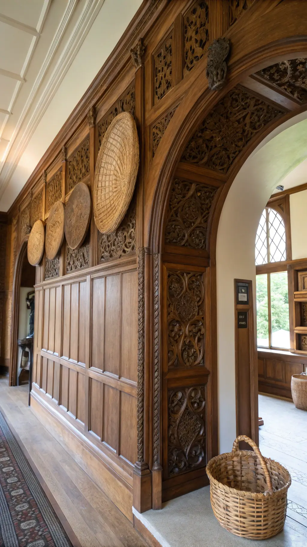 Transform Your Hallway with Moroccan Magic: A Designer's Guide Close-up view of an intricately carved wooden arched hallway nook, 8 feet high, in rich walnut tones. A handwoven basket collection in natural fibers adorns the wall. Soft afternoon light filters through an adjacent room, highlighting the wood grain. Captured with an 85mm lens at f/2 for a compressed perspective.