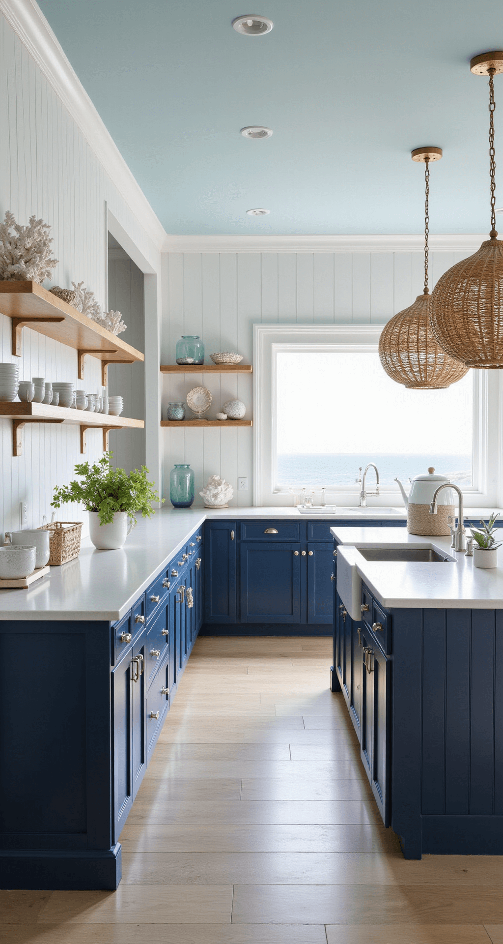 Open-concept kitchen with navy blue beadboard cabinets, white paneled walls, and a pale blue ceiling, featuring a large window with an ocean view above a farmhouse sink, rattan pendant lights, and coastal decor including sea glass and white coral.