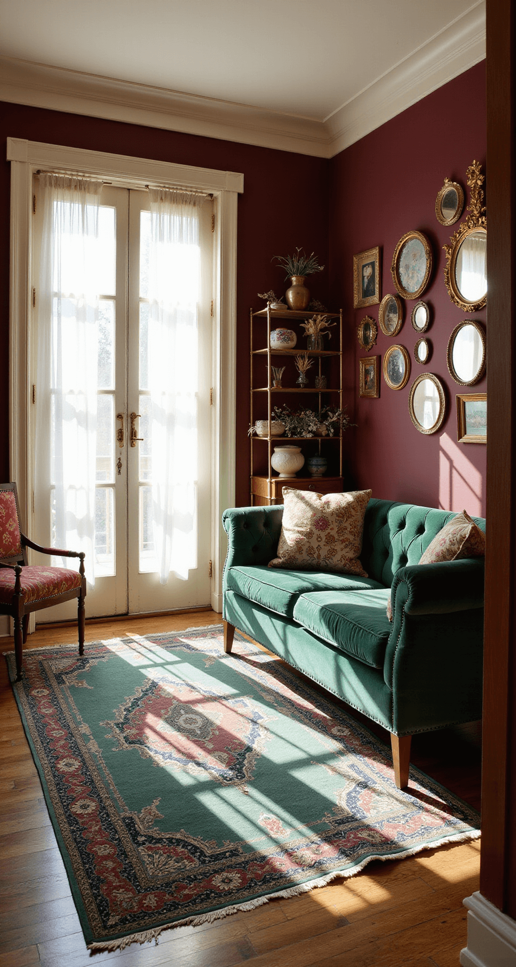 A 16x20ft sunlit room transitioning to a vintage parlor with deep wine walls and ivory molding. French doors with sheer panels cast dramatic light. An emerald velvet tufted sofa is accentuated with vintage tapestry pillows. A brass étagère holds antiqued mirrors and dried botanicals. Layered oriental rugs in forest green and navy guide through the space during the golden hour, emphasizing the rich textures.