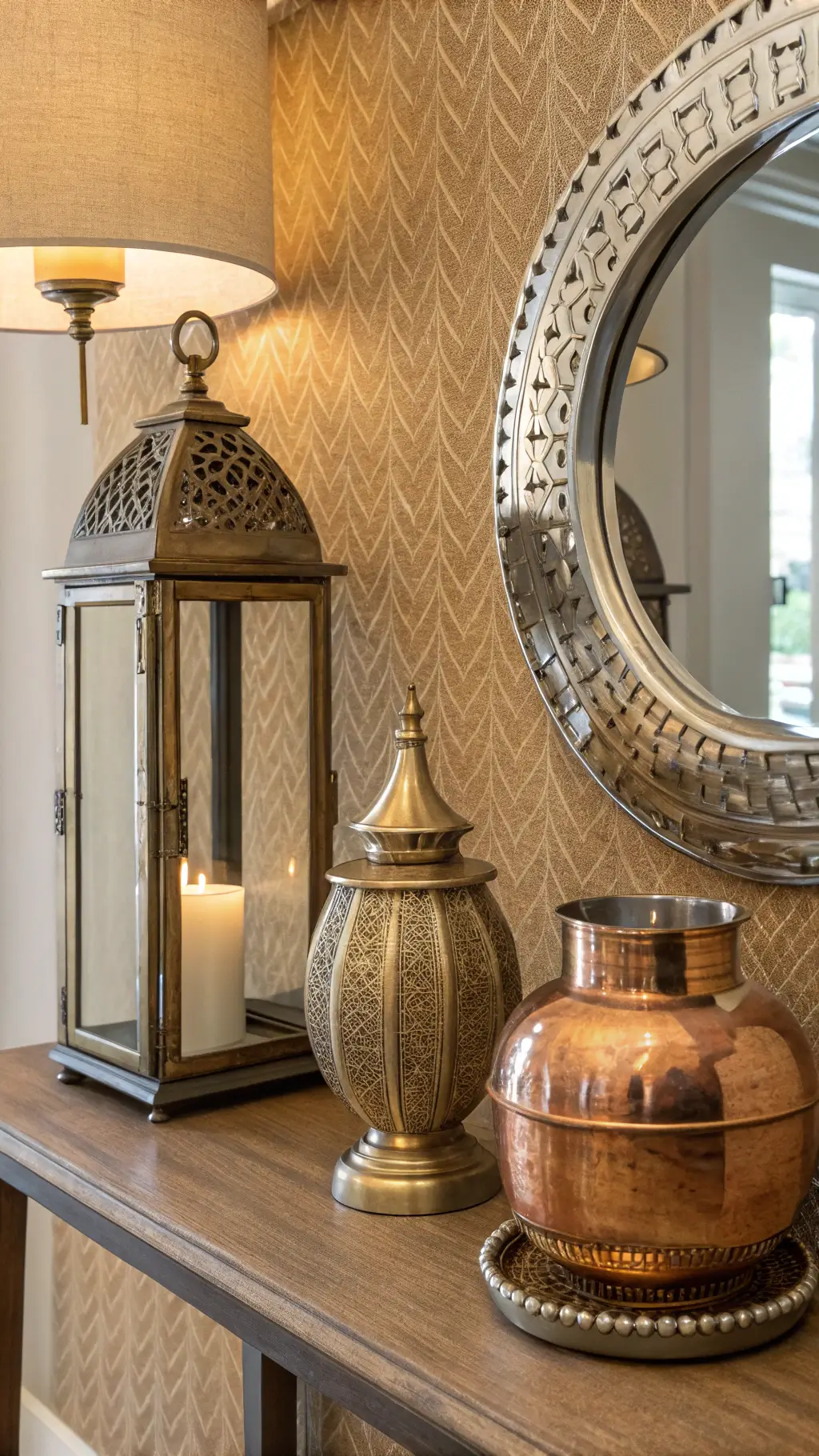 Transform Your Hallway with Moroccan Magic: A Designer's Guide Close-up of a console display with a brass lantern, copper vessel, and silver-inlaid mirror reflecting layers. Set against a warm sand-textured wallpaper, under early morning light with a single artificial light.