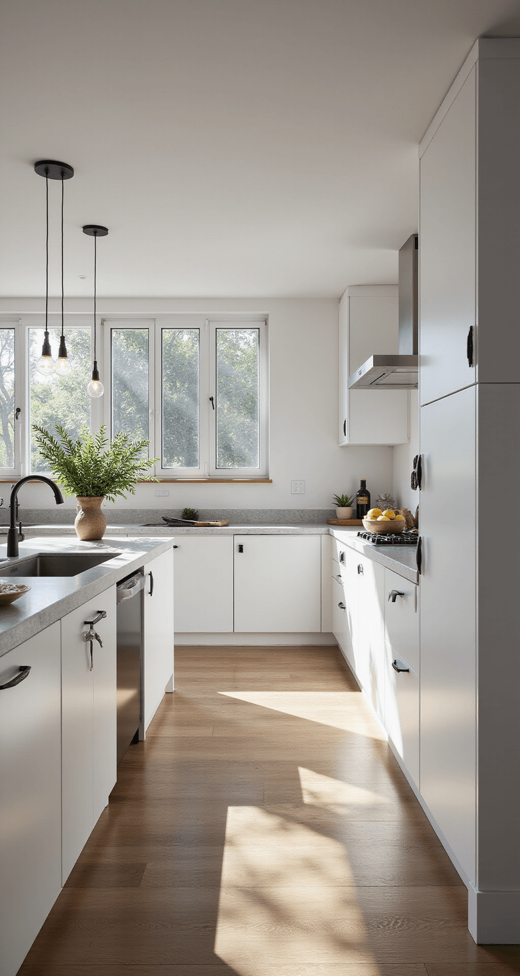 A modern kitchen featuring white flat-panel cabinets, a pale grey waterfall quartz island, and black accents, illuminated by morning sunlight through large windows, with warm oak flooring and styled with ceramics, herbs, and fruit.