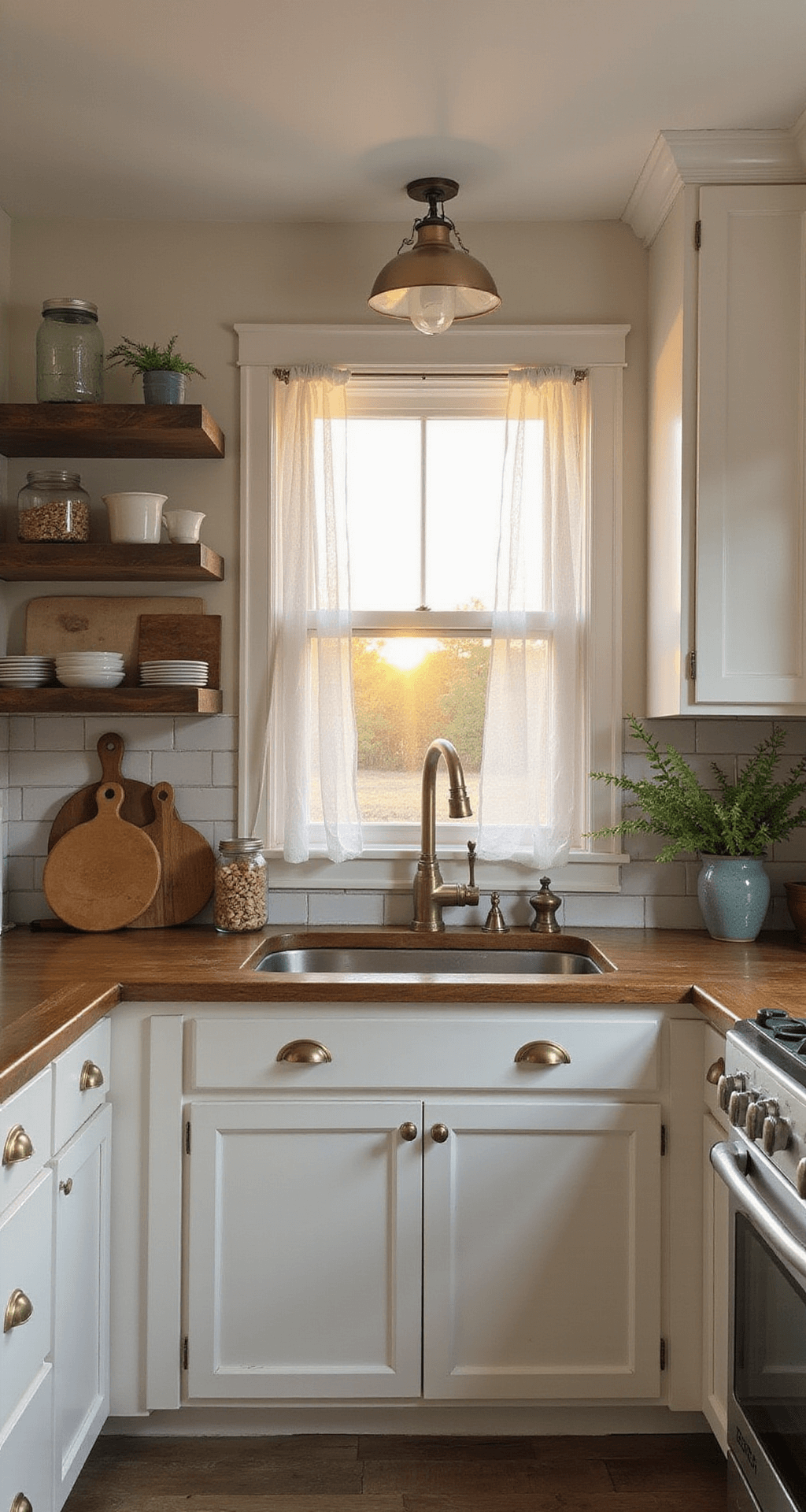 A cozy farmhouse kitchen featuring white shaker cabinets, vintage brass hardware, and a subway tile backsplash, illuminated by warm golden hour sunlight. The space includes reclaimed wood open shelving with vintage pottery, a farmhouse sink with cafe curtains, and decorative elements like antique cutting boards, mason jars, and potted herbs.
