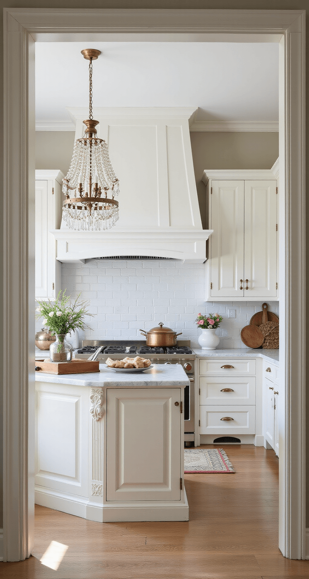 A spacious traditional kitchen featuring raised-panel white cabinets with crystal knobs, marble countertops with ogee edges, classic beveled subway tile, and an antique brass chandelier, styled with copper cookware and fresh flowers, bathed in morning light.