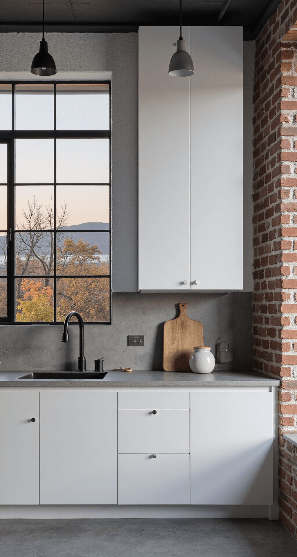 A modern-industrial kitchen featuring white slab cabinets, black steel-framed windows, concrete countertops, and a metallic backsplash, with an exposed brick wall painted white. The scene is illuminated by industrial pendant lights, emphasizing sleek accessories and geometric shapes, all captured at hip height to highlight vertical lines in a dusk setting. The color palette includes bright white, charcoal, steel grey, and warm brick undertones.