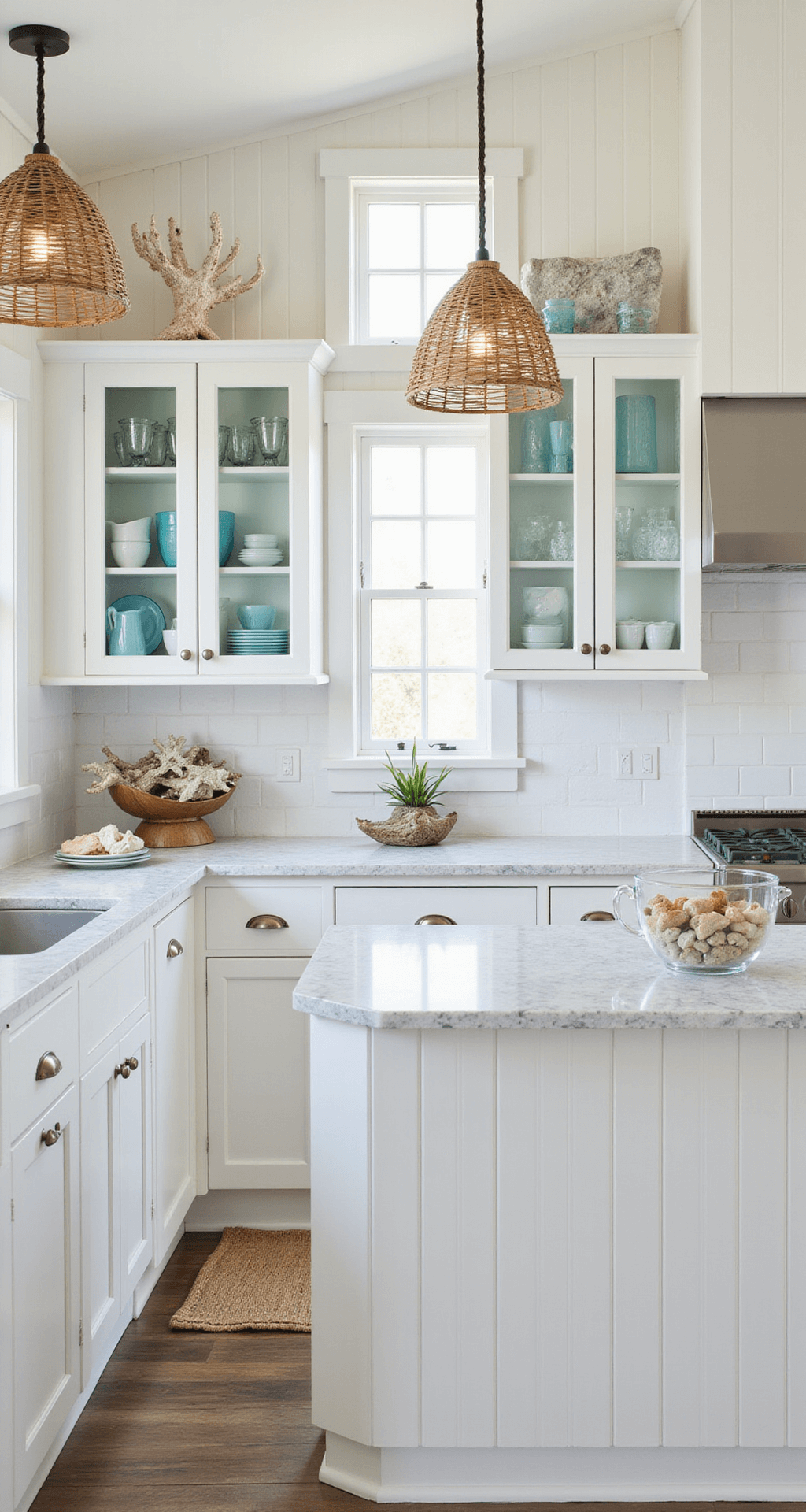 A bright coastal kitchen featuring beadboard white cabinets with chrome bin pulls, white quartz countertops with blue-grey veining, and glass cabinet doors showcasing blue glassware. The room is styled with coral, driftwood, and sea glass collections, illuminated by rattan pendant lights, creating an airy atmosphere in chalk white, sea glass blue, and sandy beige tones.